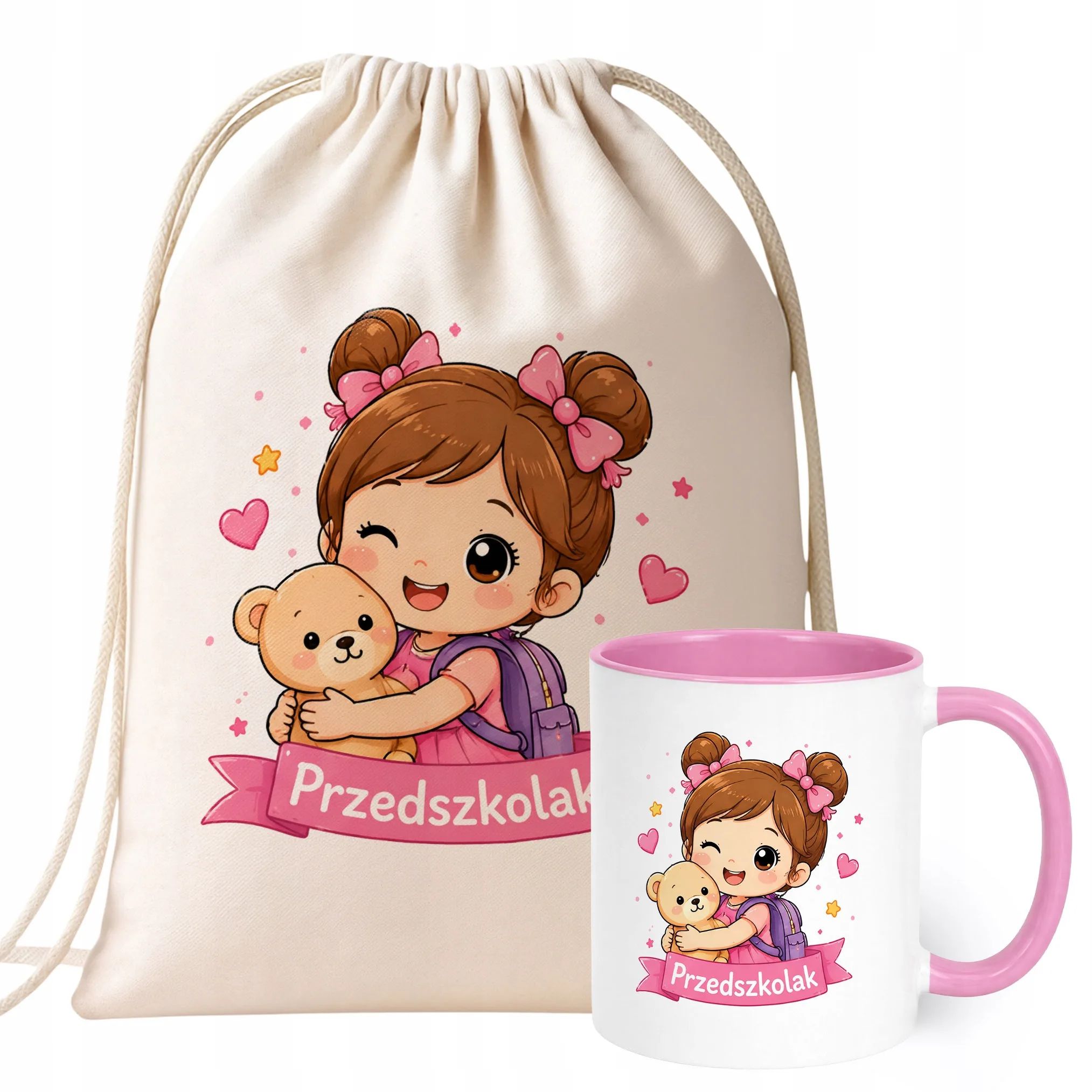 Zestaw Plecak Worek Kubek Różowy Z Nadrukiem Przedszkolak Dla Dzieci