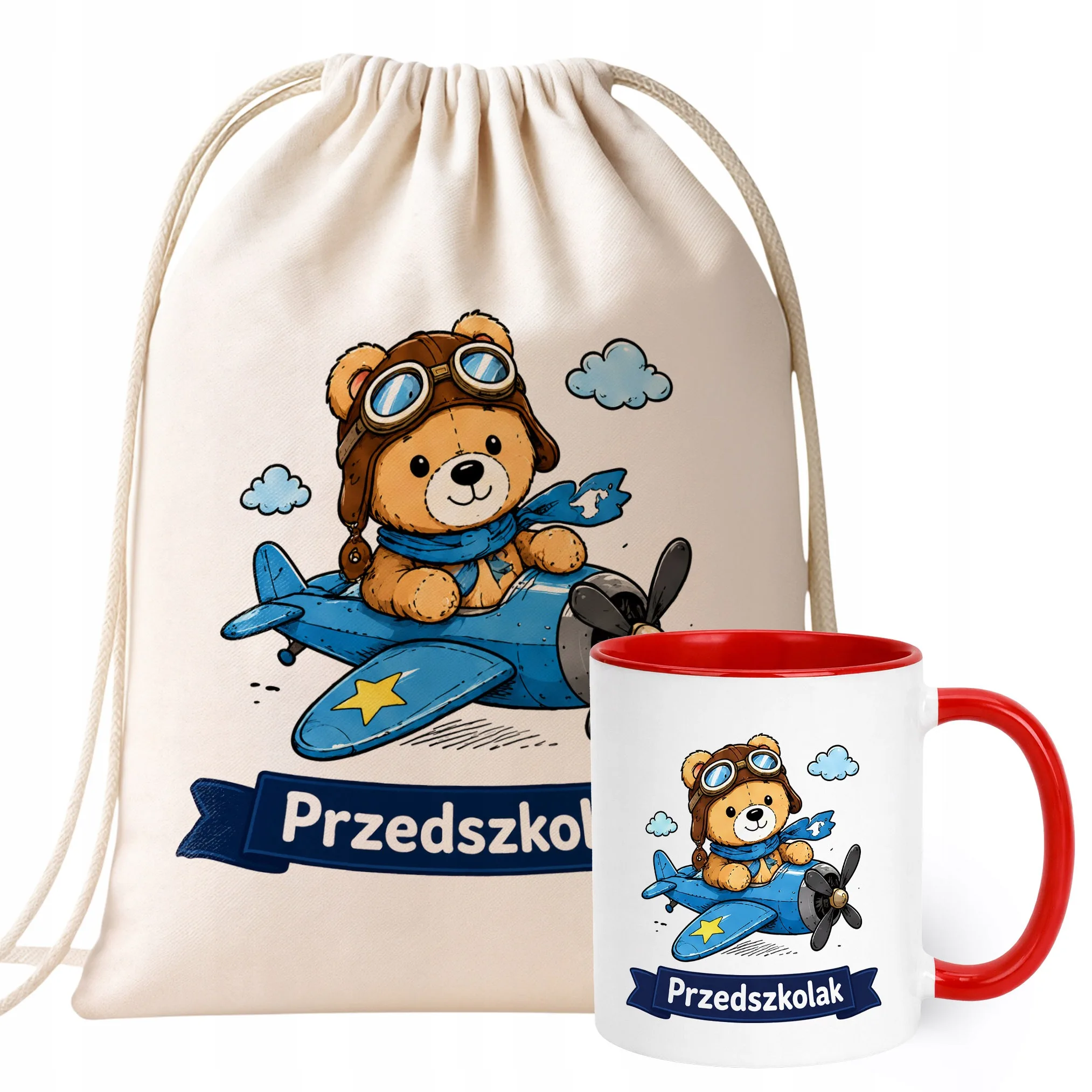 Zestaw Plecak Worek Kubek Czerwony Z Nadrukiem Przedszkolak Dla Dzieci