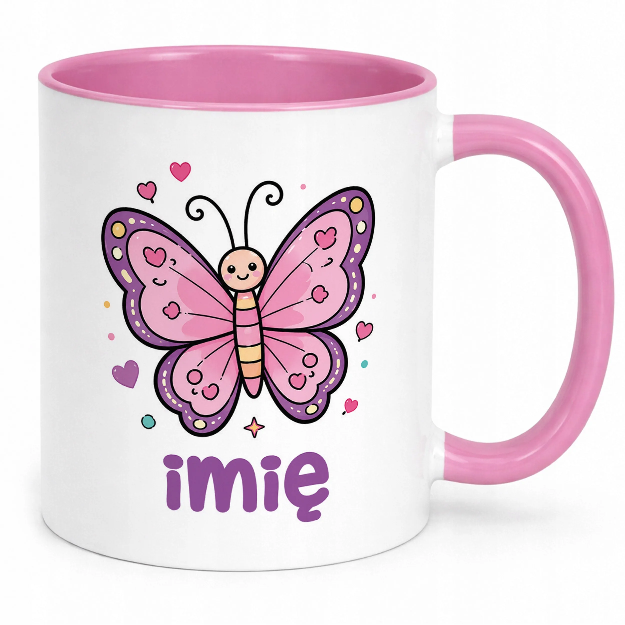 Kubek Różowy z nadrukiem personalizowany Uroczy Motylek Dla Dzieci Prezent