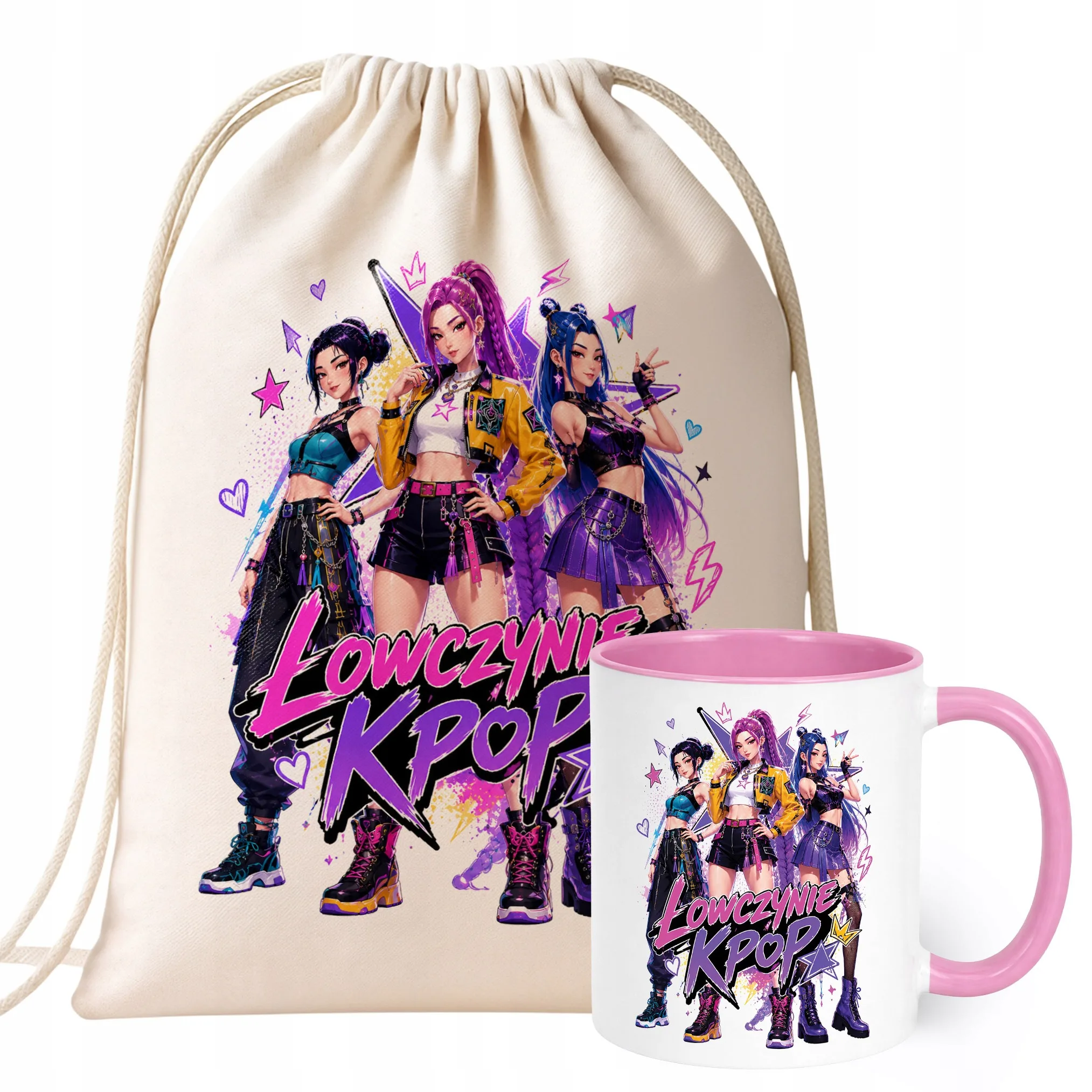 Zestaw Plecak Worek Kubek Różowy Z Nadrukiem ŁOWCZYNIE KPOP Dla Dzieci