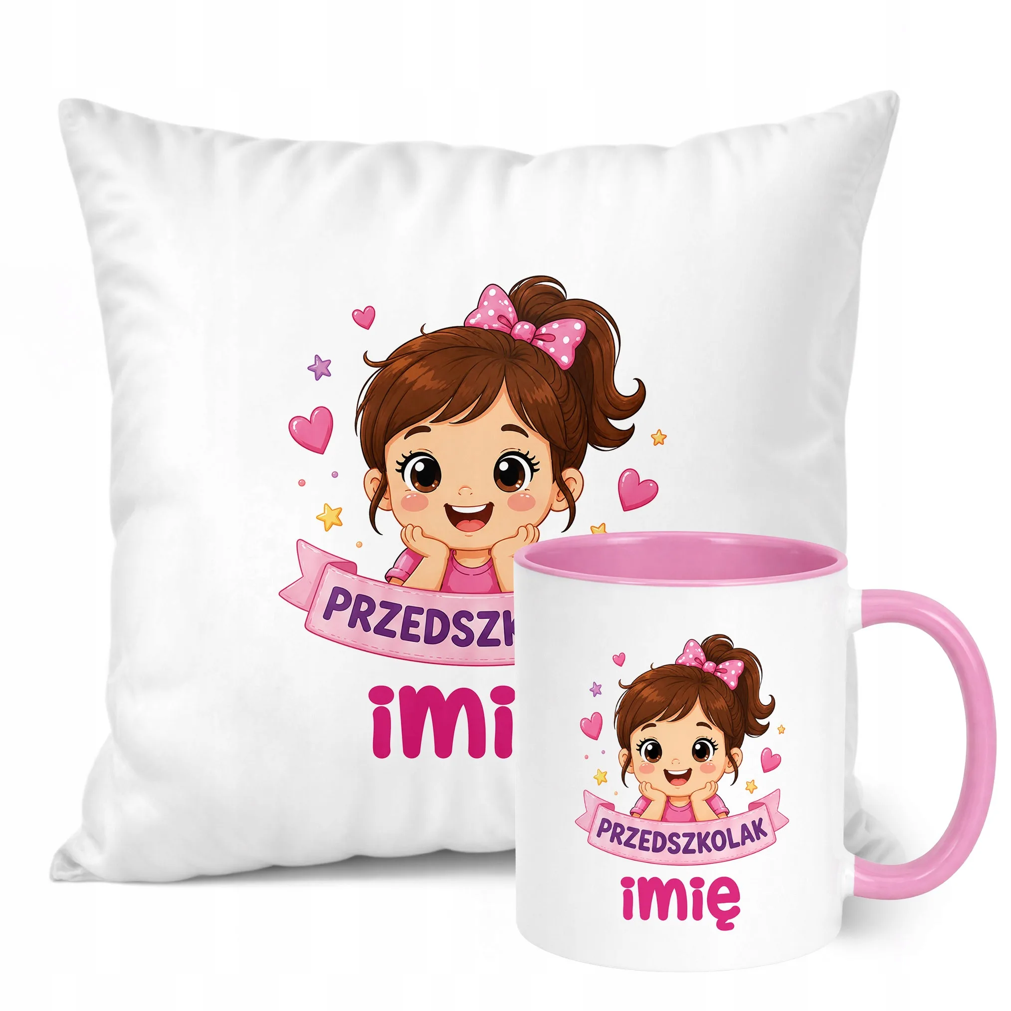 Zestaw Personalizowany Kubek Różowy Poduszka Przedszkolak Prezent