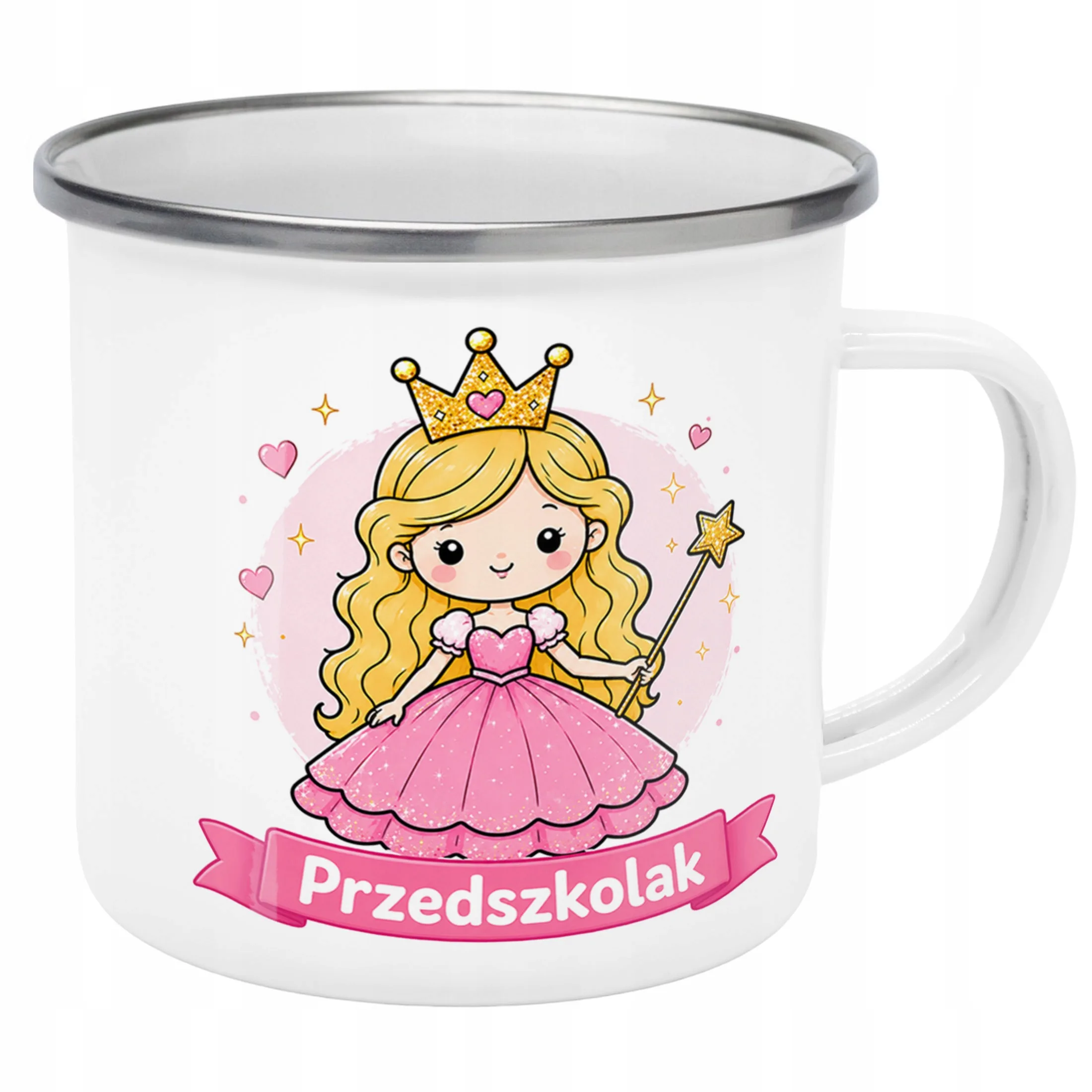 Kubek Emaliowany Przedszkolak Szkoła z Nadrukiem Biały Metalowy Prezent