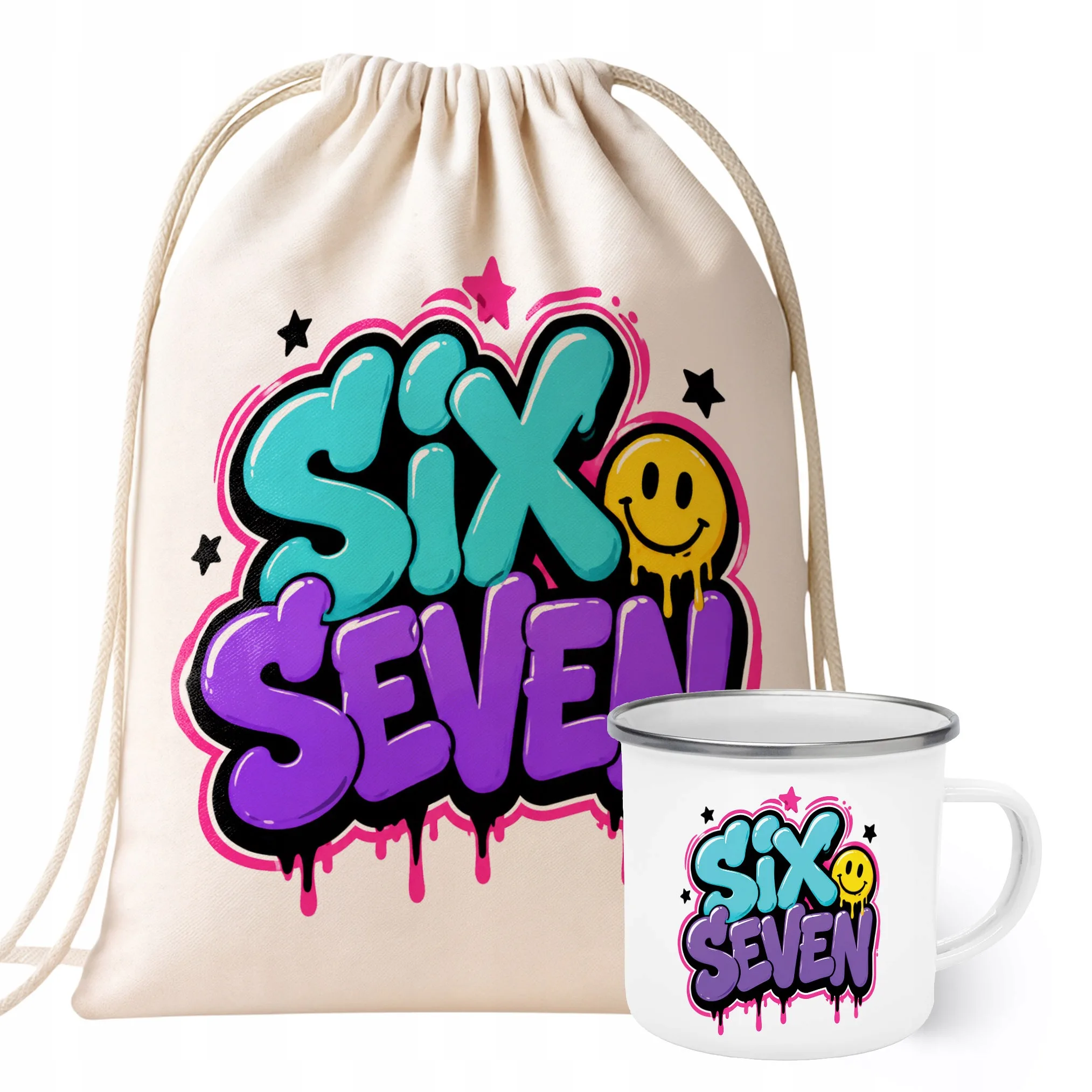 Zestaw Plecak Worek Kubek Emaliowany Z Nadrukiem SIX SEVEN Prezent