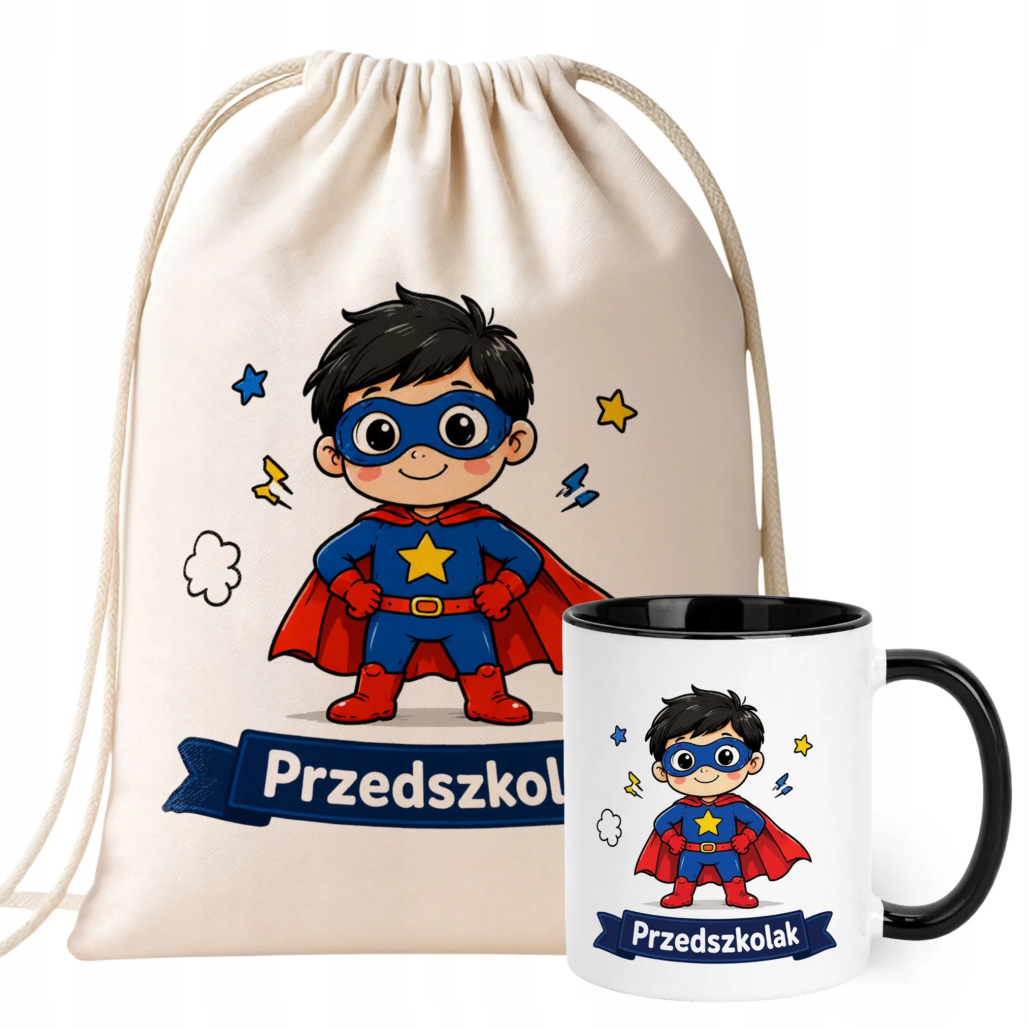 Zestaw Plecak Worek Kubek Czarny Z Nadrukiem Przedszkolak Dla Dzieci