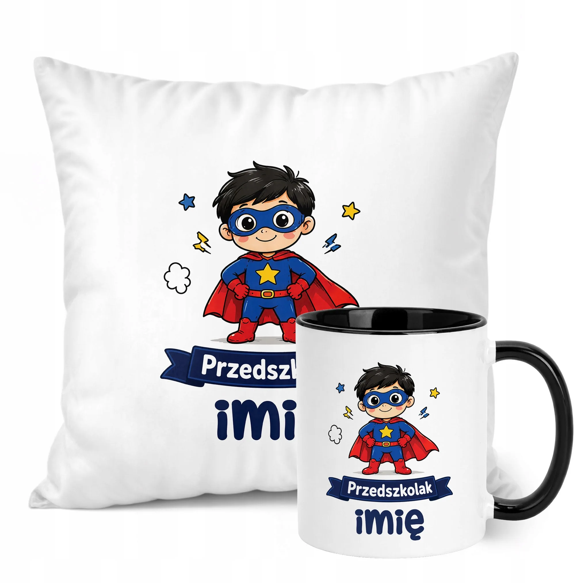 Zestaw Personalizowany Kubek Czarny Poduszka Przedszkolak