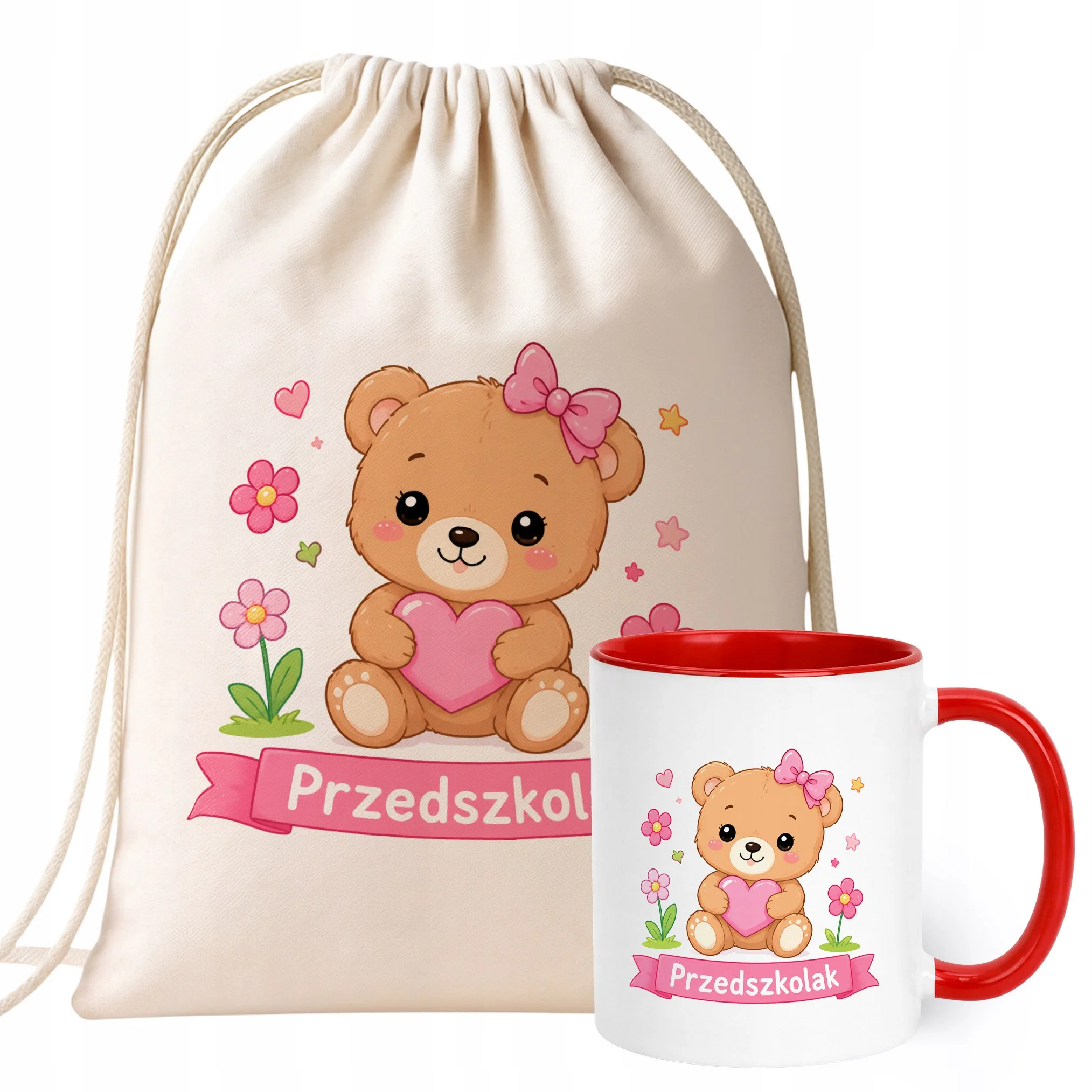 Zestaw Plecak Worek Kubek Czerwony Z Nadrukiem Przedszkolak Dla Dzieci