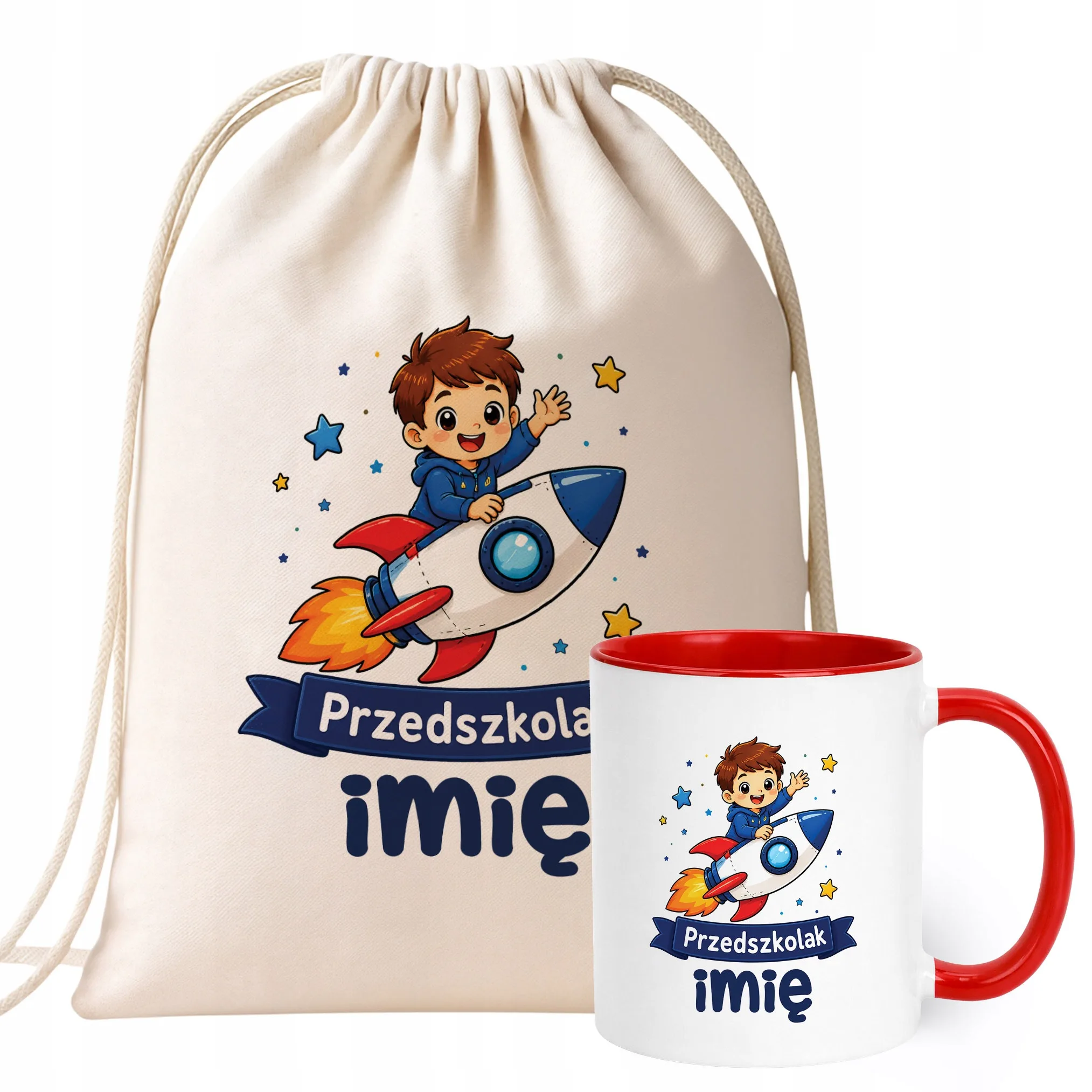Zestaw Personalizowany Plecak Worek Kubek Czerwony Przedszkolak Rakieta
