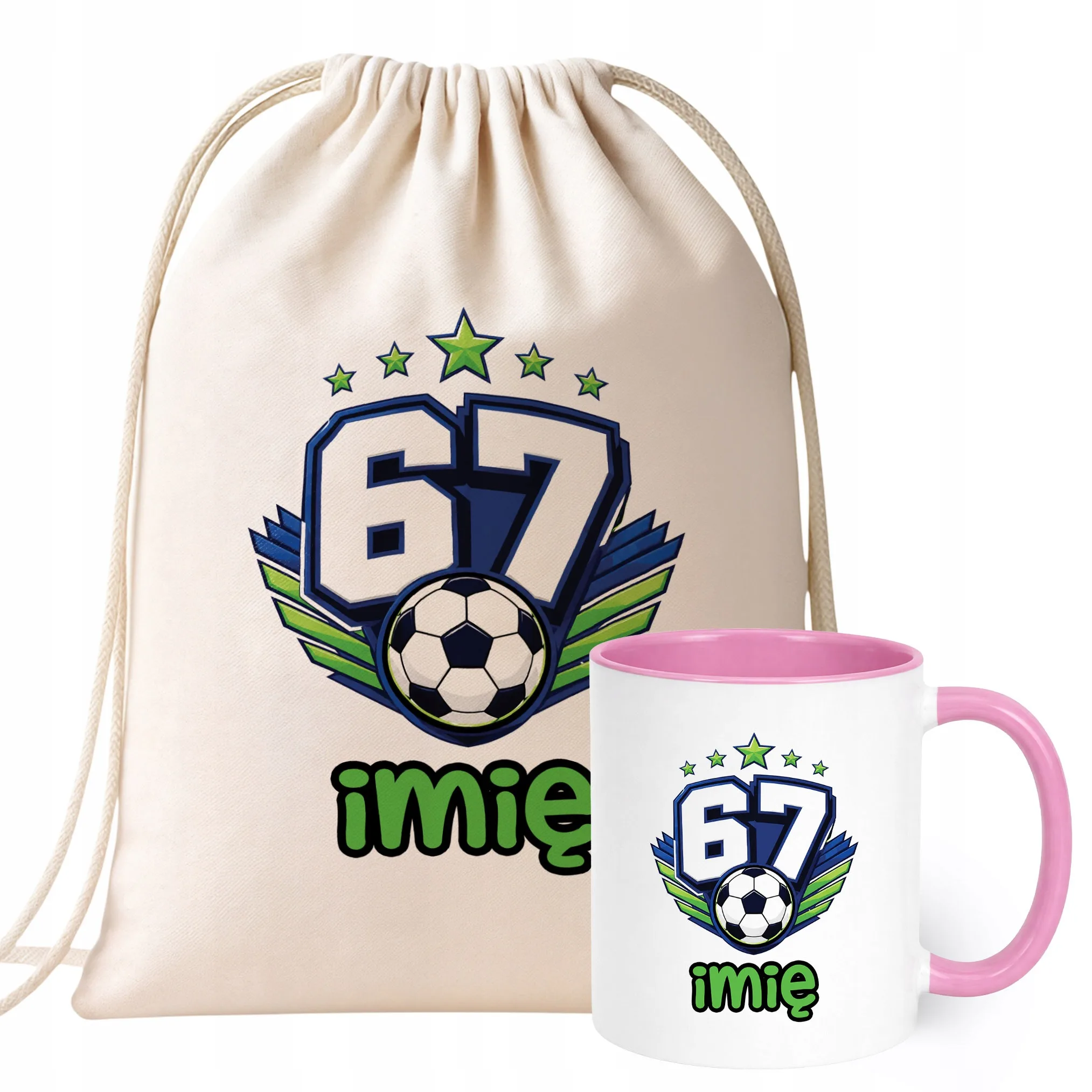 Zestaw Personalizowany Plecak Worek Kubek Różowy Piłka nożna Six Seven