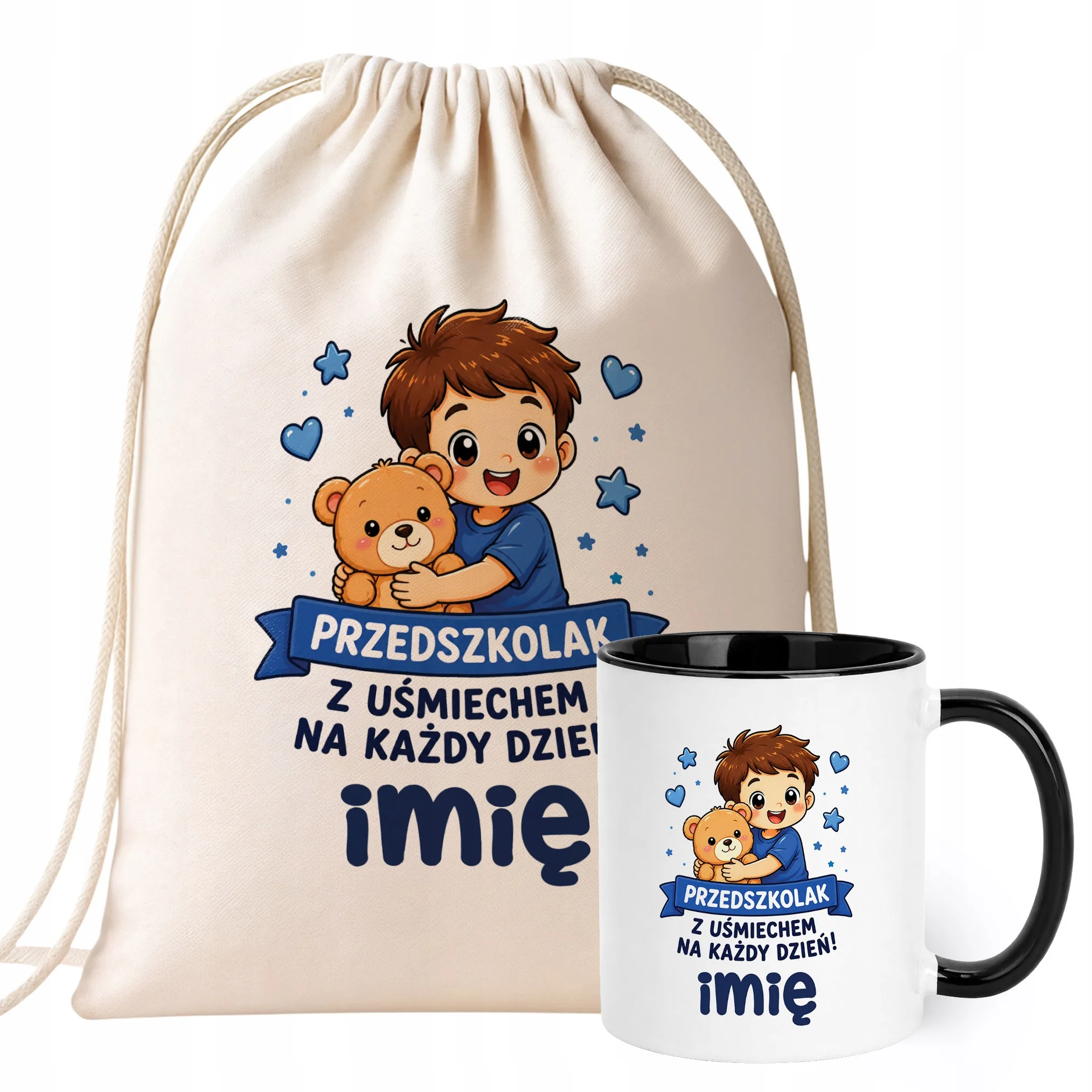 Zestaw Personalizowany Plecak Worek Kubek Czarny Przedszkolak Prezent