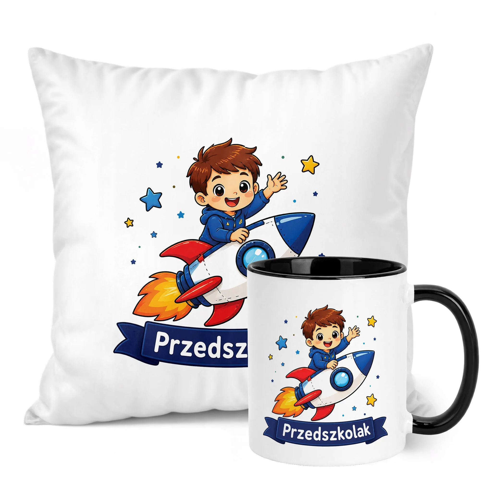 Zestaw Kubek Czarny Poduszka Z Nadrukiem Przedszkolak Szkoła Prezent