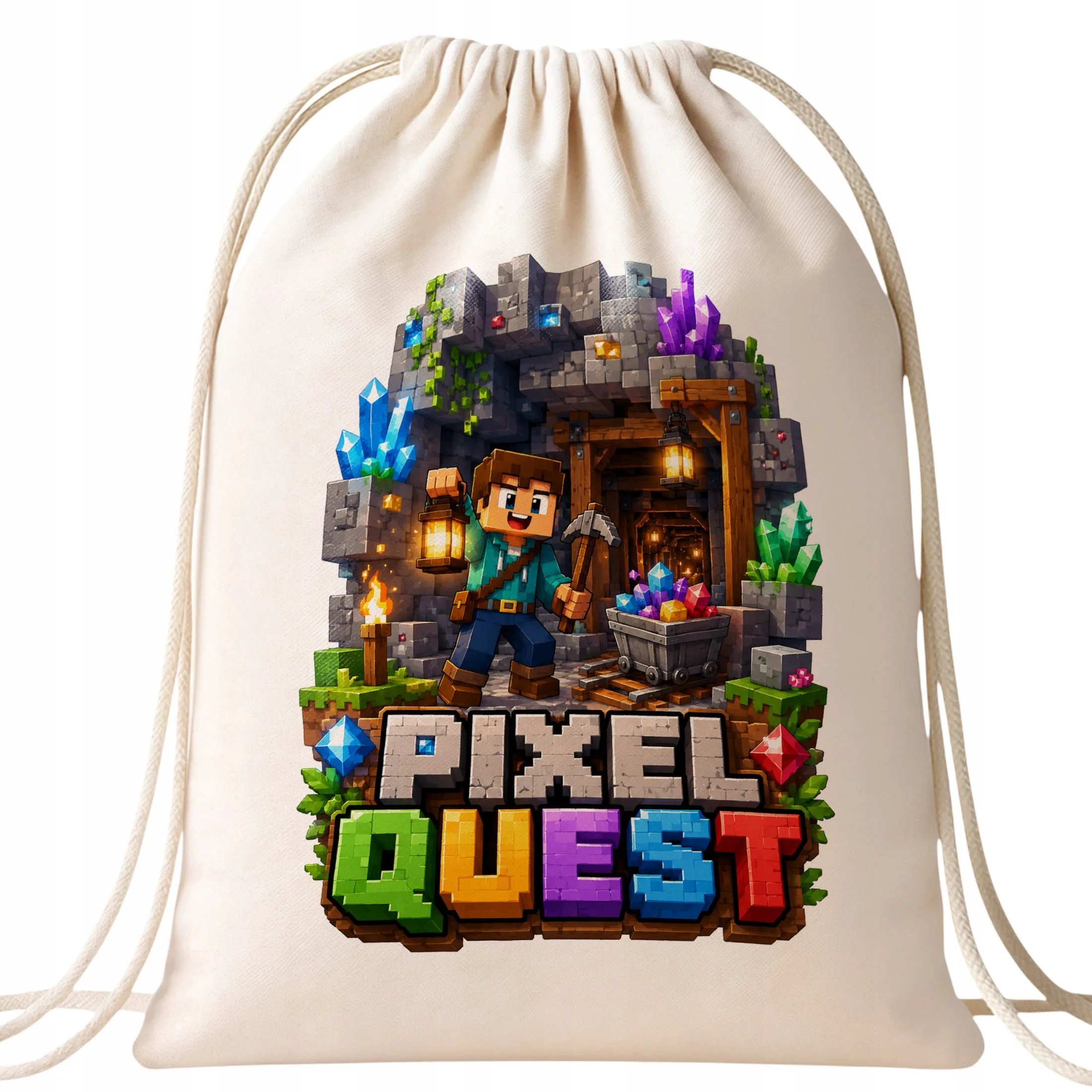 Plecak Worek PIXEL Gra z Nadrukiem Bawełniany Szkolny na Buty Ecru