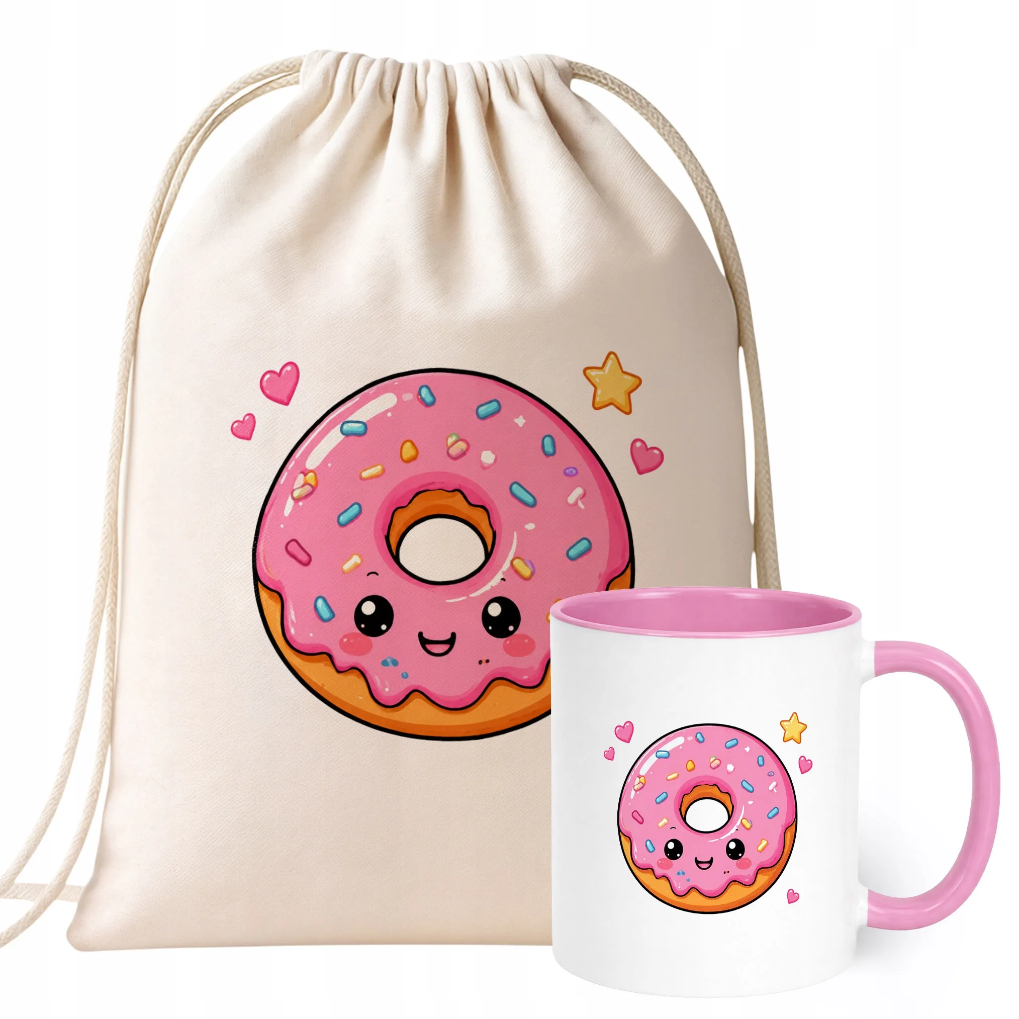 Zestaw Plecak Worek Kubek Różowy Z Nadrukiem Kawaii Pączek Dla Dzieci