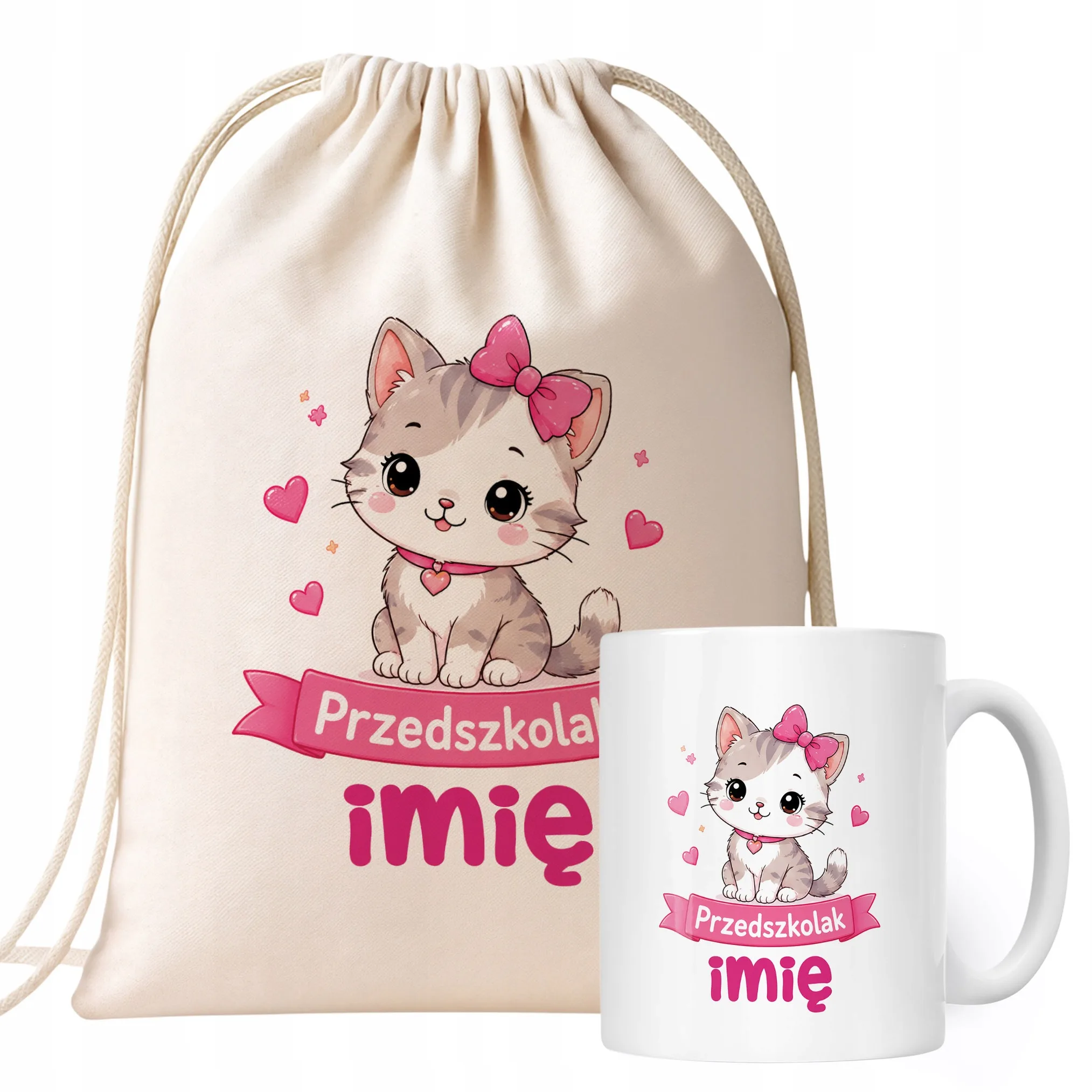 Zestaw Personalizowany Plecak Worek Kubek Przedszkolak Kotek Prezent