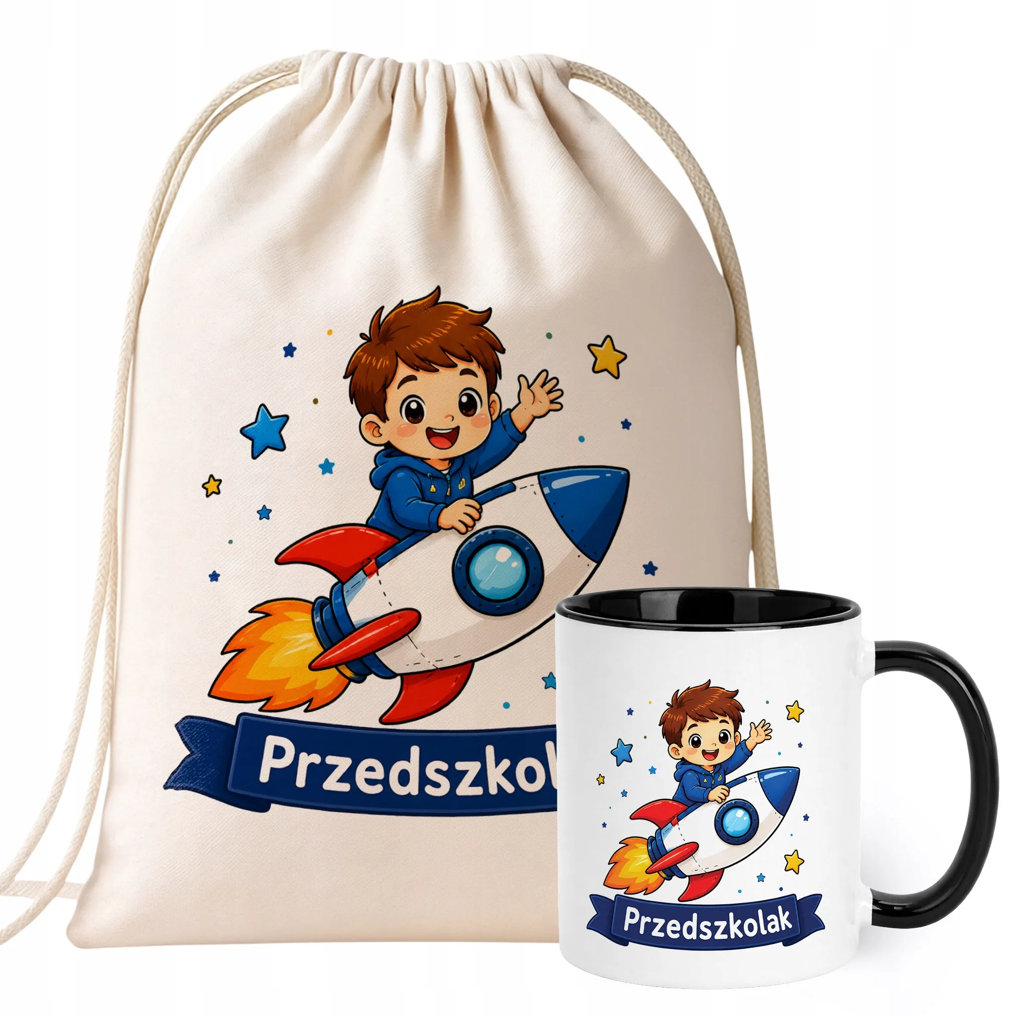 Zestaw Plecak Worek Kubek Czarny Z Nadrukiem Przedszkolak Dla Dzieci