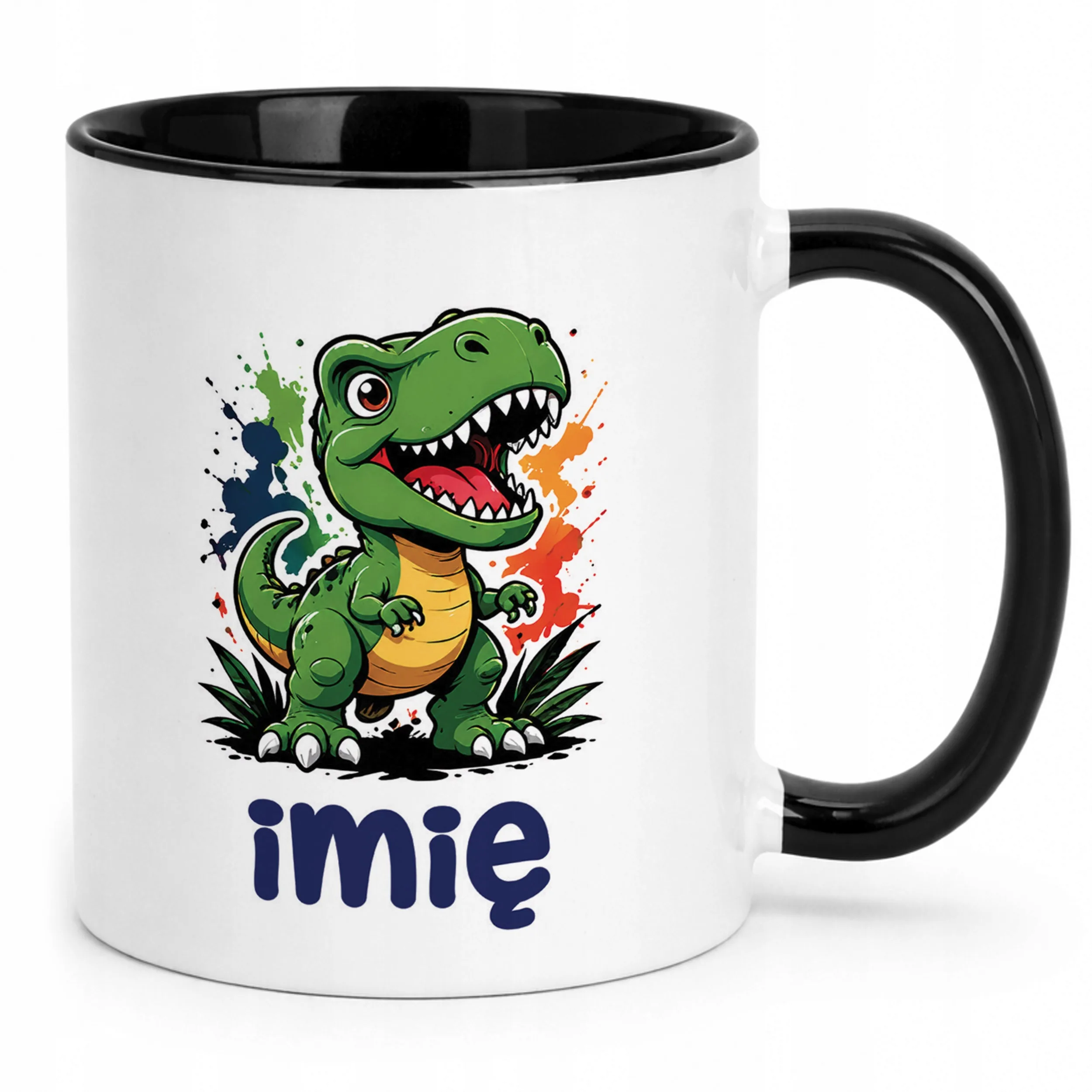 Kubek Czarny z nadrukiem personalizowany Dinozaur Dla Dzieci Prezent