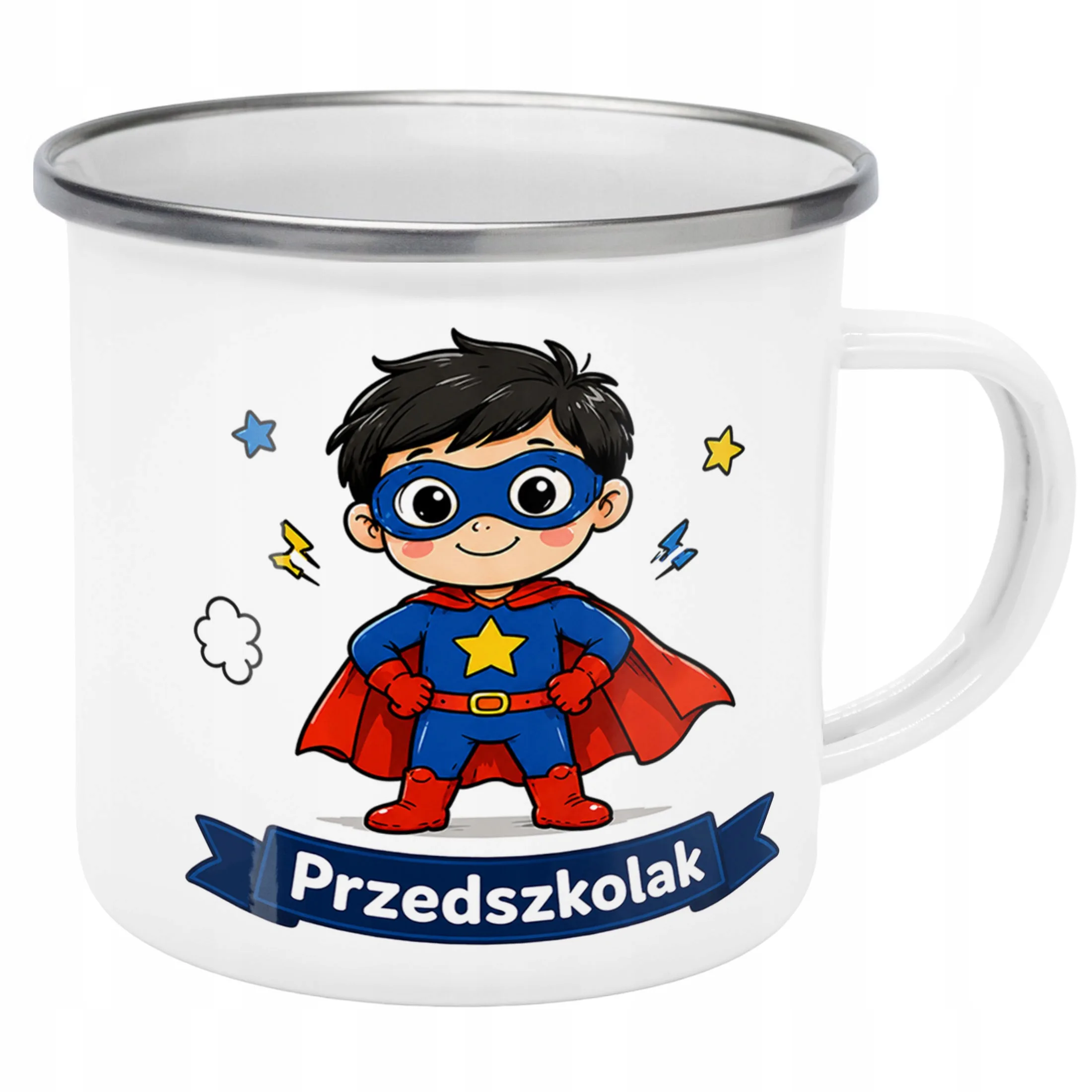 Kubek Emaliowany Przedszkolak Szkoła z Nadrukiem Biały Metalowy Prezent