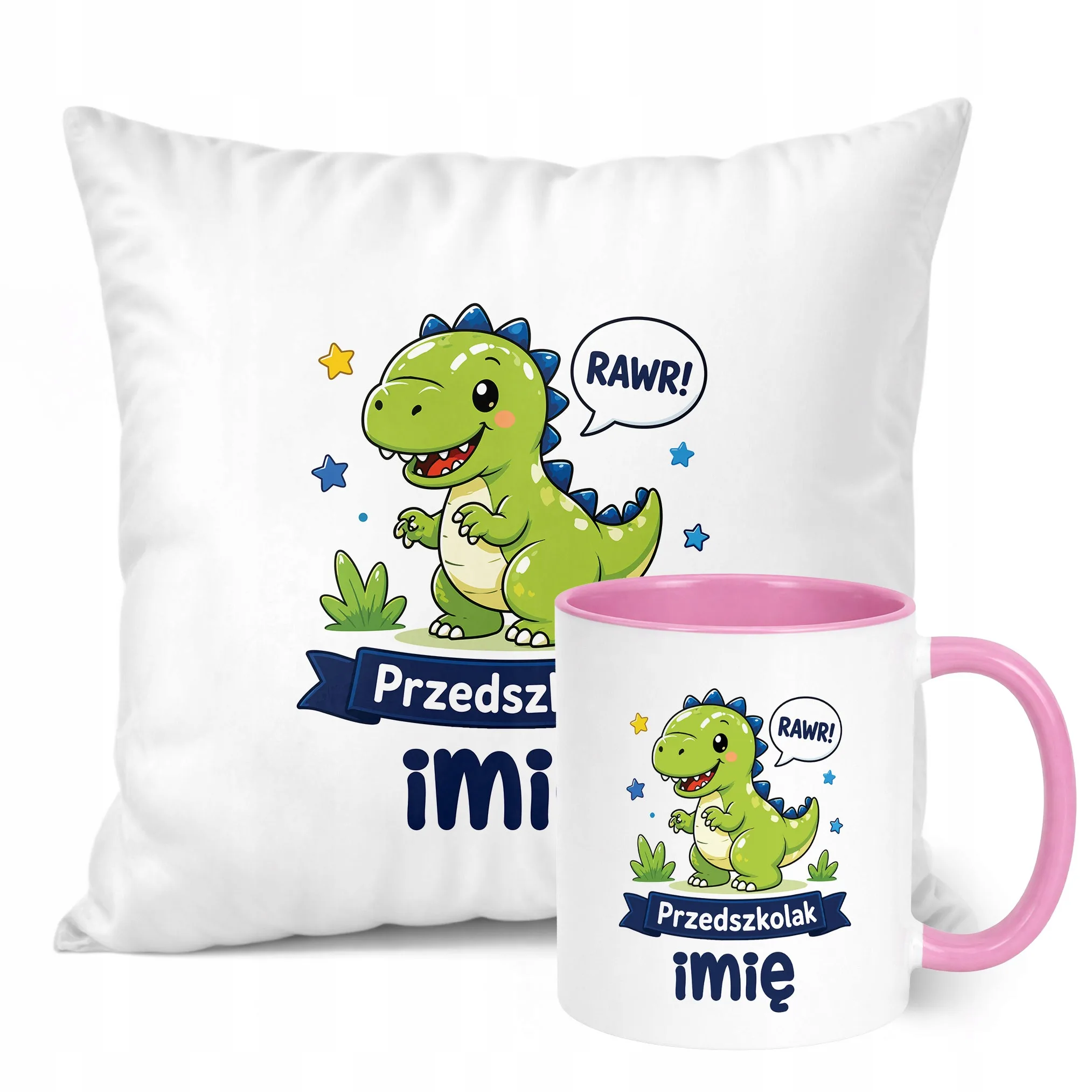 Zestaw Personalizowany Kubek Różowy Poduszka Przedszkolak Dinozaur