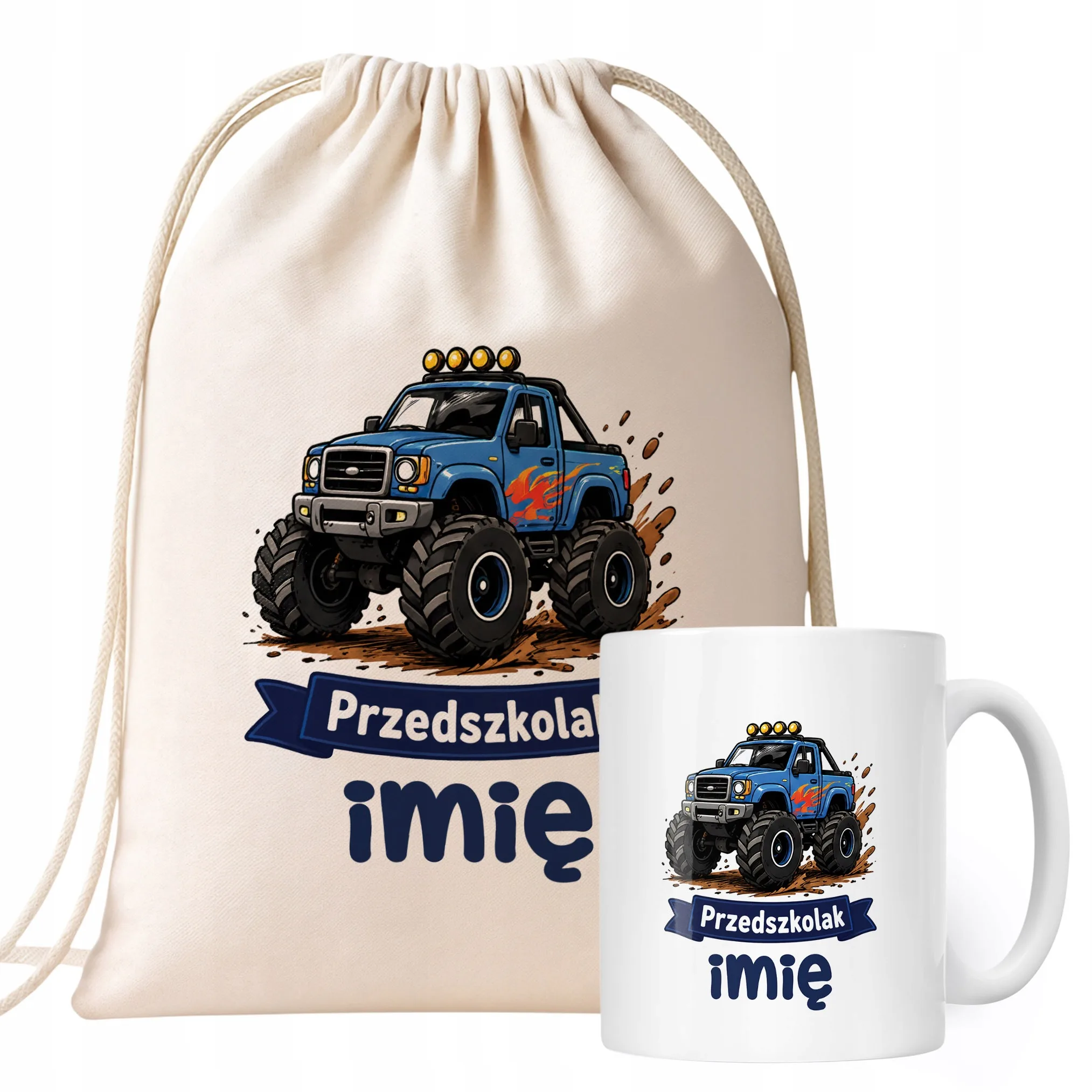 Zestaw Personalizowany Plecak Worek Kubek Przedszkolak Monster Truck
