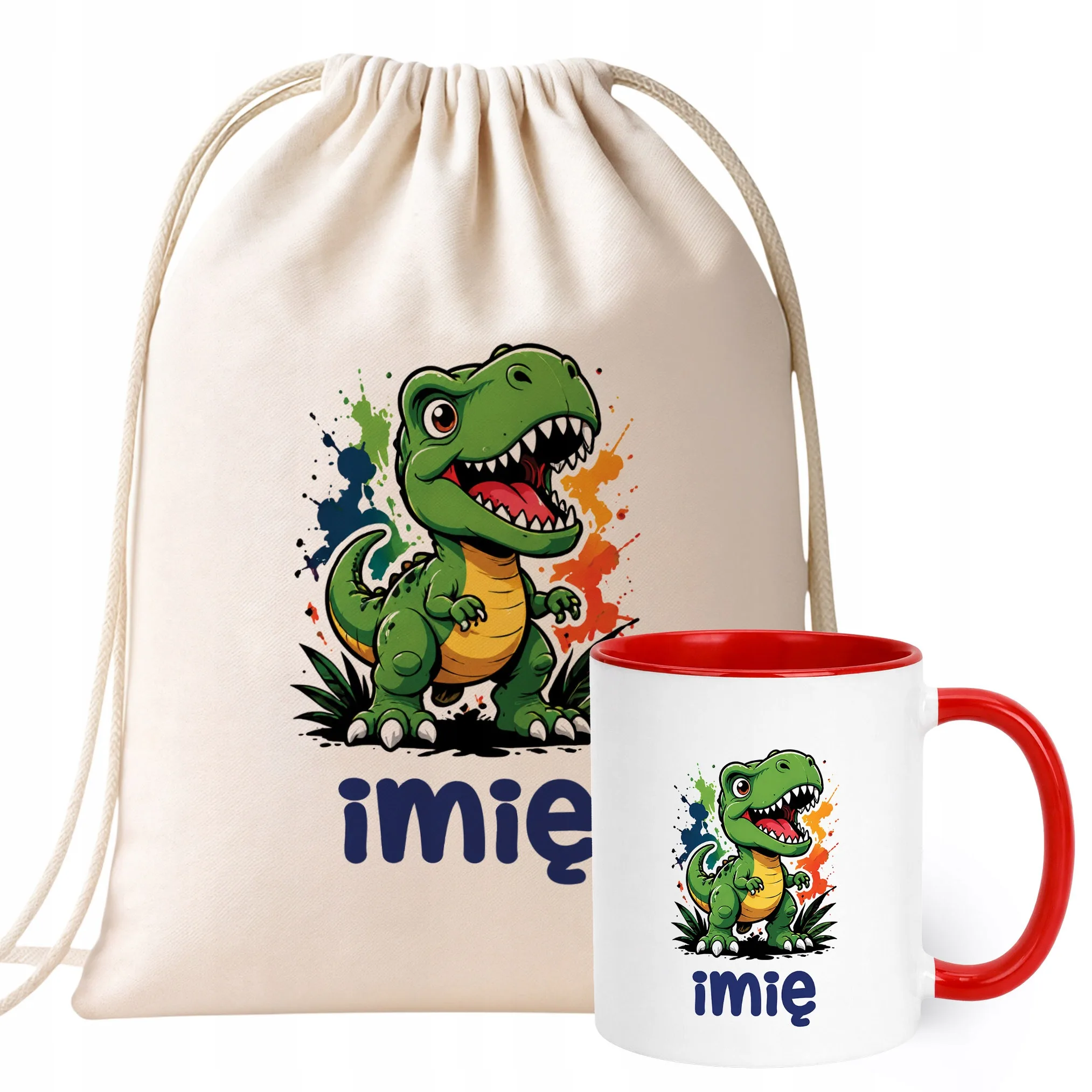 Zestaw Personalizowany Plecak Worek Kubek Czerwony T-rex Prezent