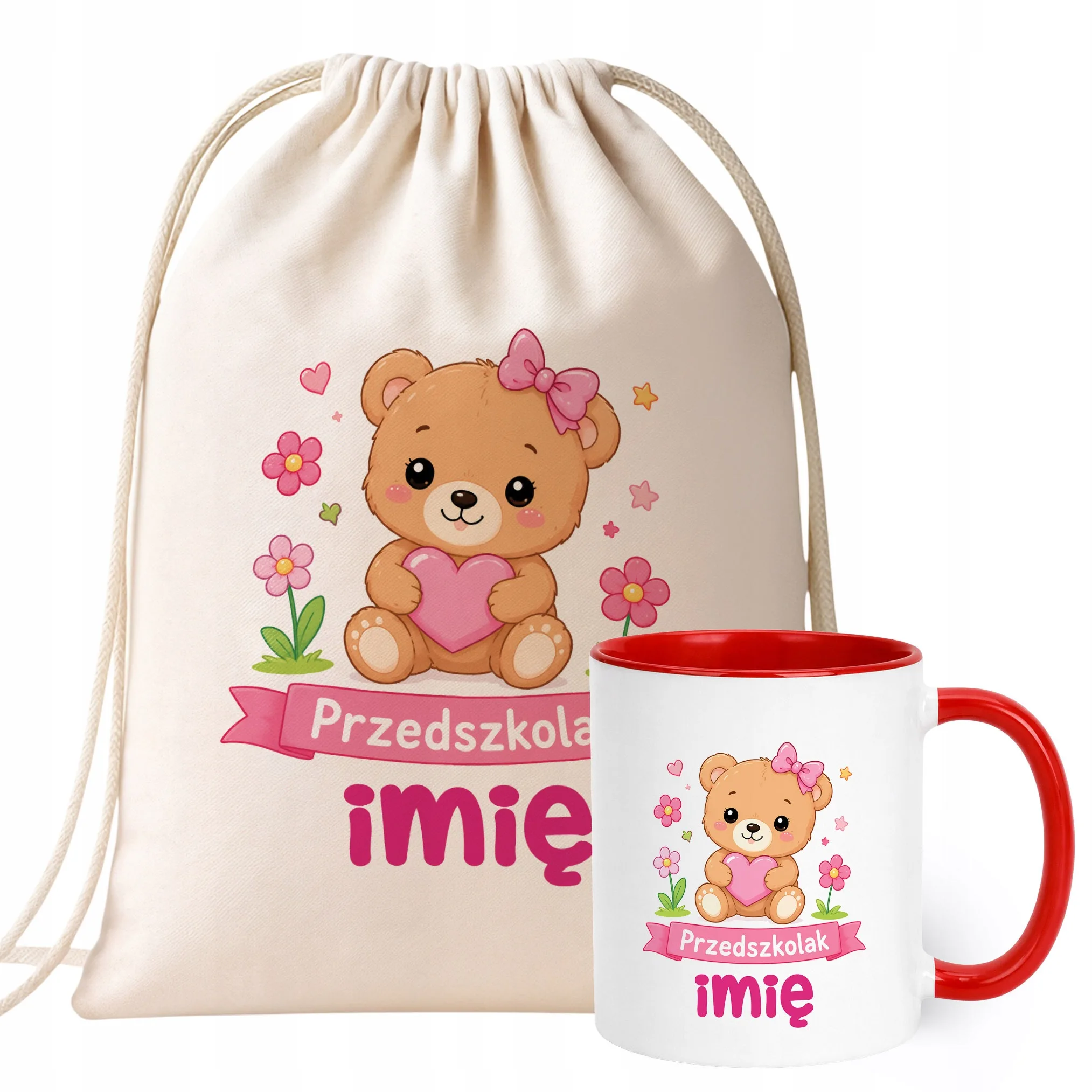 Zestaw Personalizowany Plecak Worek Kubek Czerwony Przedszkolak Miś