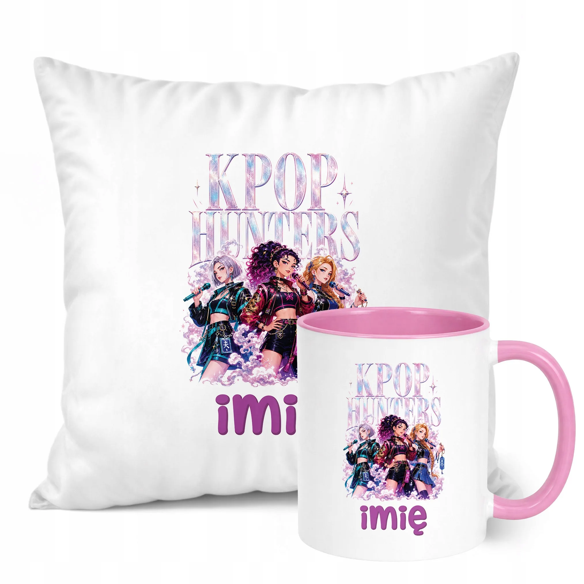 Zestaw Personalizowany Kubek Różowy Poduszka Łowczynie Kpop Prezent