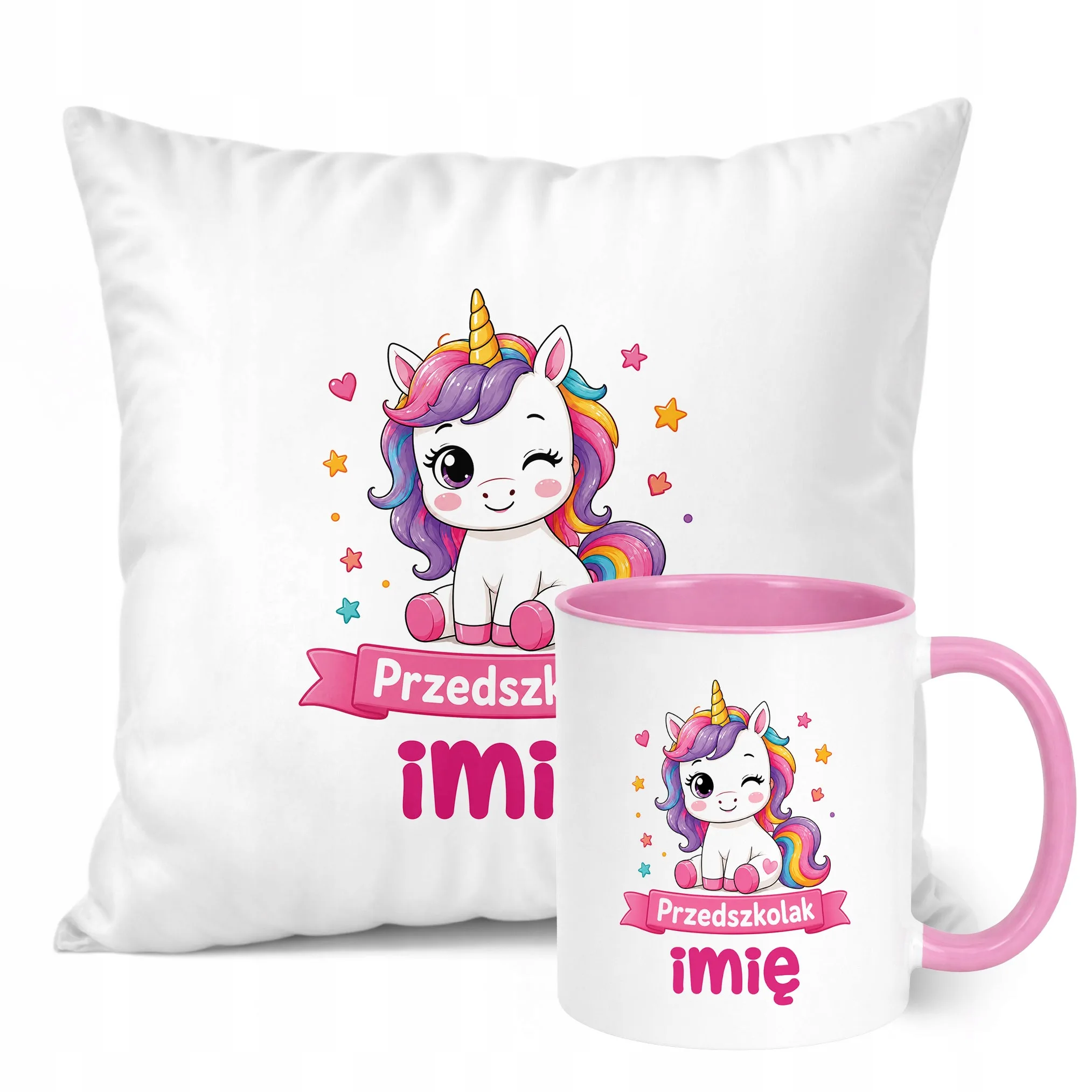 Zestaw Personalizowany Kubek Różowy Poduszka Przedszkolak Jednorożec