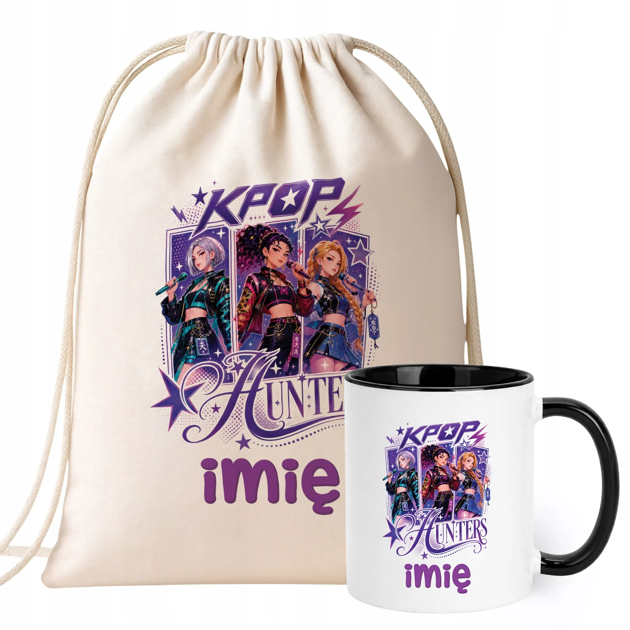 Zestaw Personalizowany Plecak Worek Kubek Czarny Łowczynie Kpop Prezent