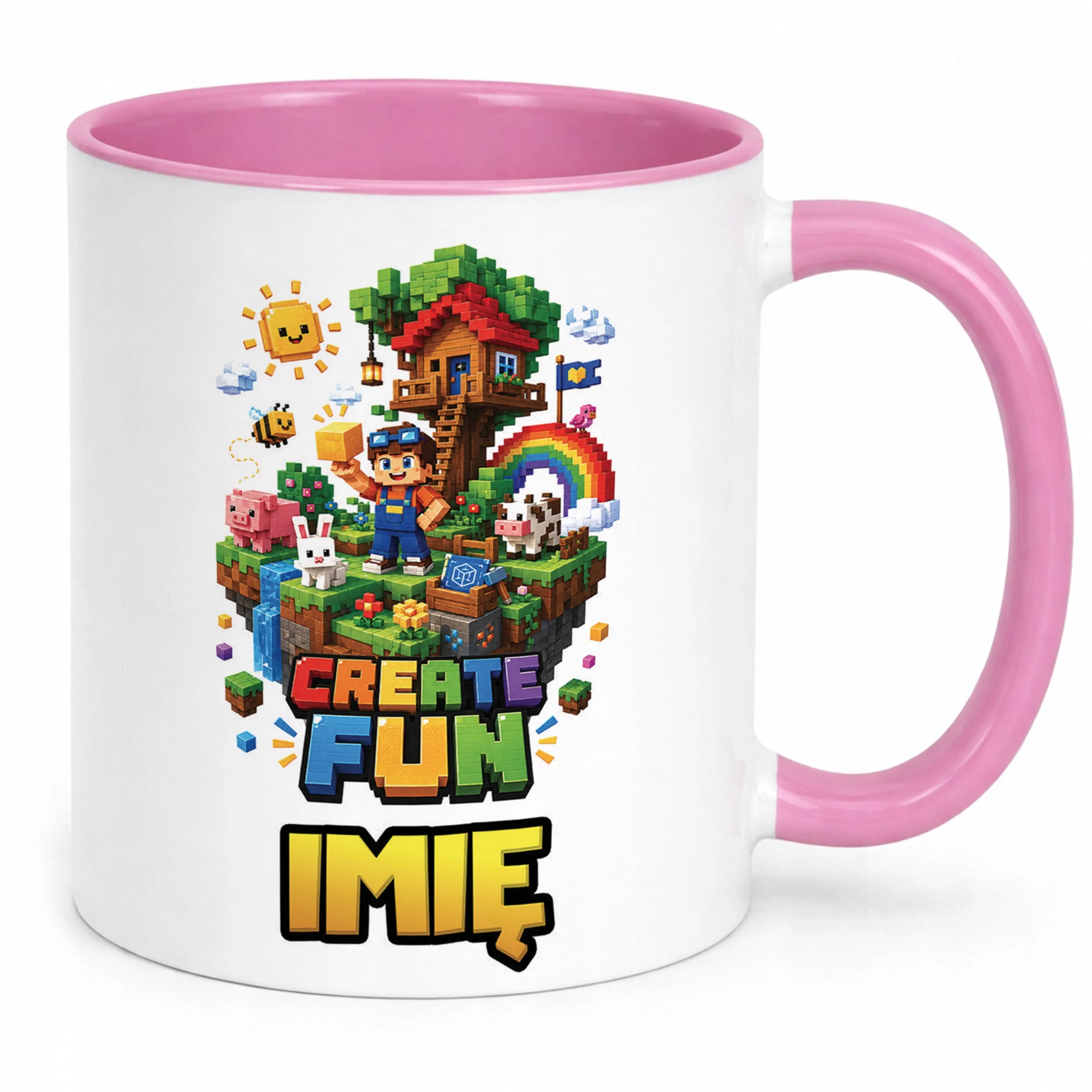 Kubek Różowy z nadrukiem personalizowany Gra Pixel Dla Dzieci Prezent