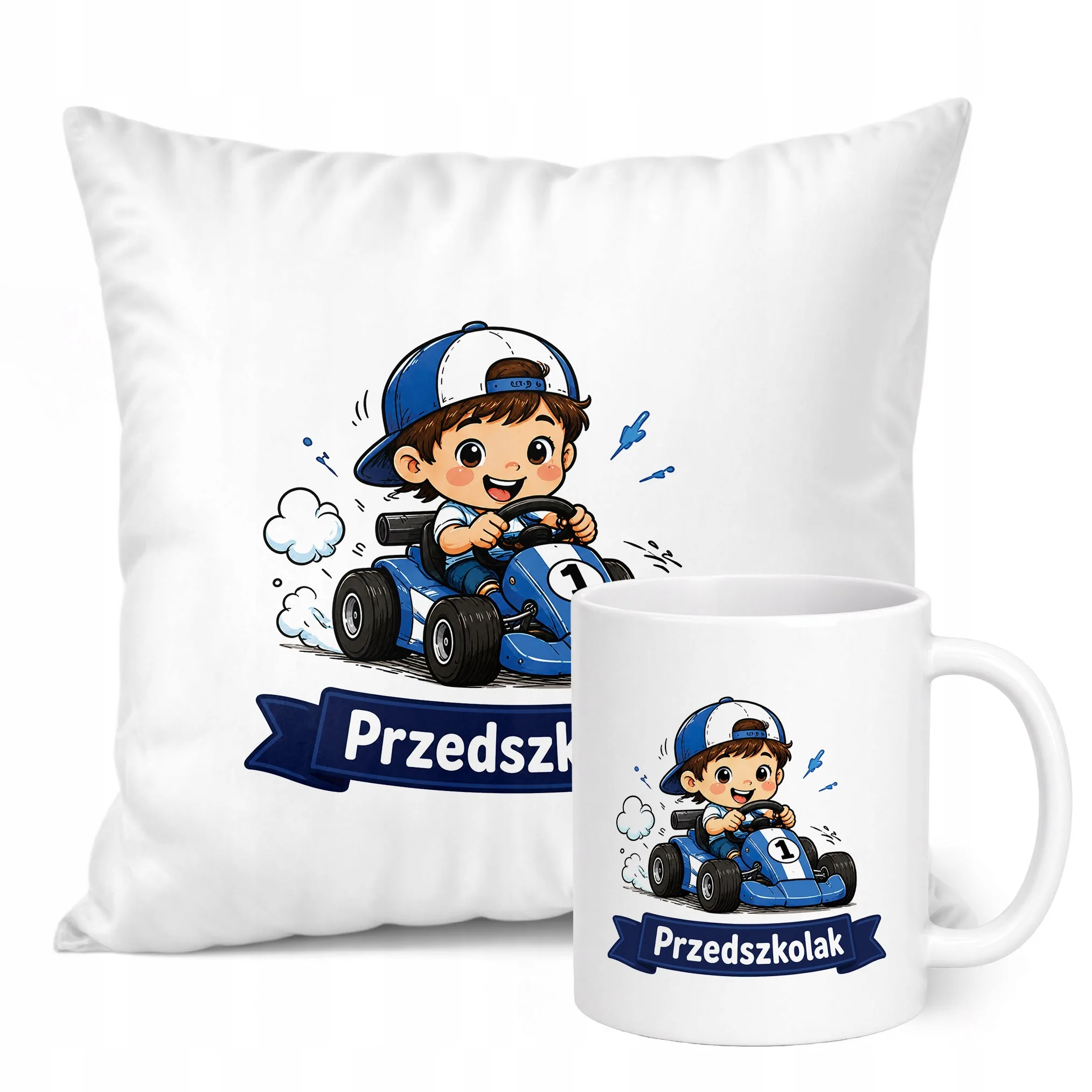 Zestaw Kubek Biały Poduszka Z Nadrukiem Przedszkolak Szkoła Prezent