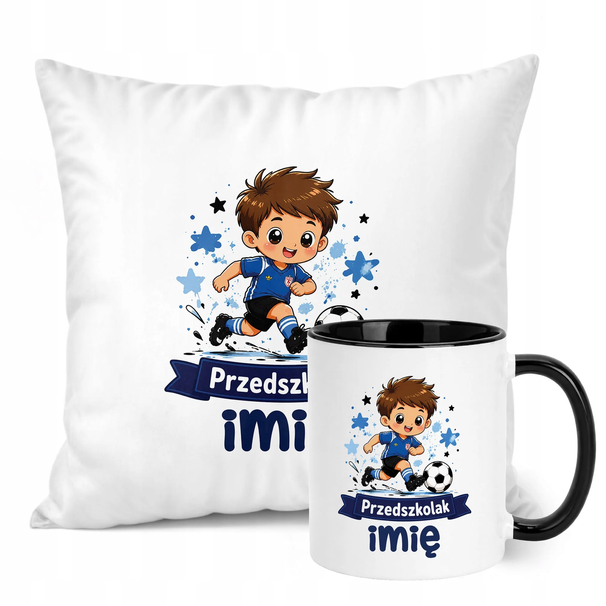 Zestaw Personalizowany Kubek Czarny Poduszka Przedszkolak Piłka