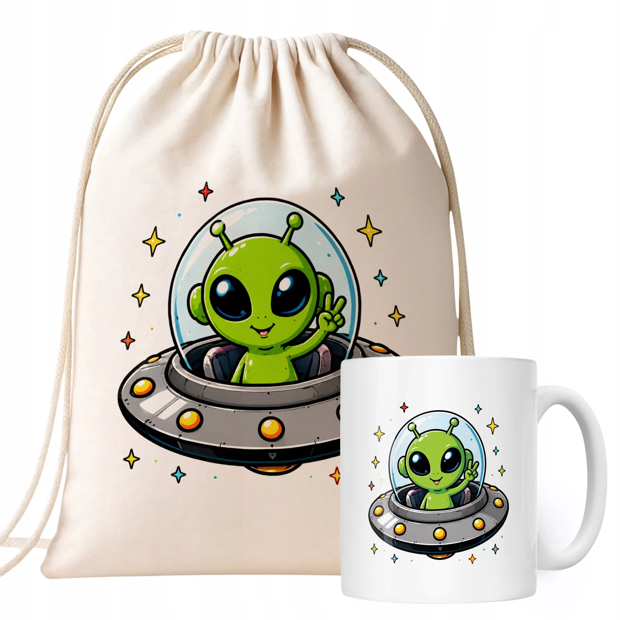 Zestaw Plecak Worek Kubek Z Nadrukiem Kosmita UFO Dla Dzieci Prezent