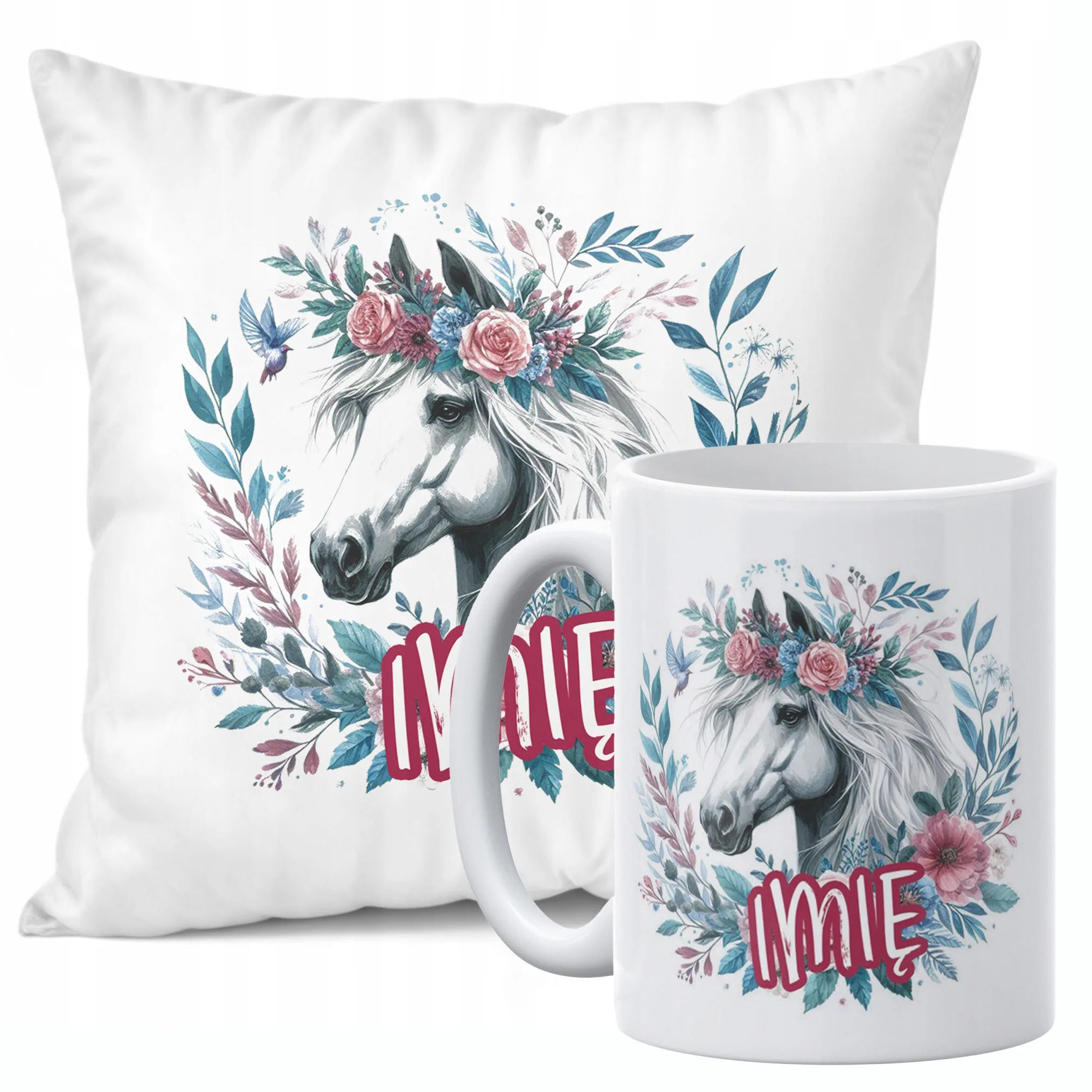 Zestaw Personalizowany Kubek + Poduszka 38×38 cm Z Imieniem Z Koniem Koń