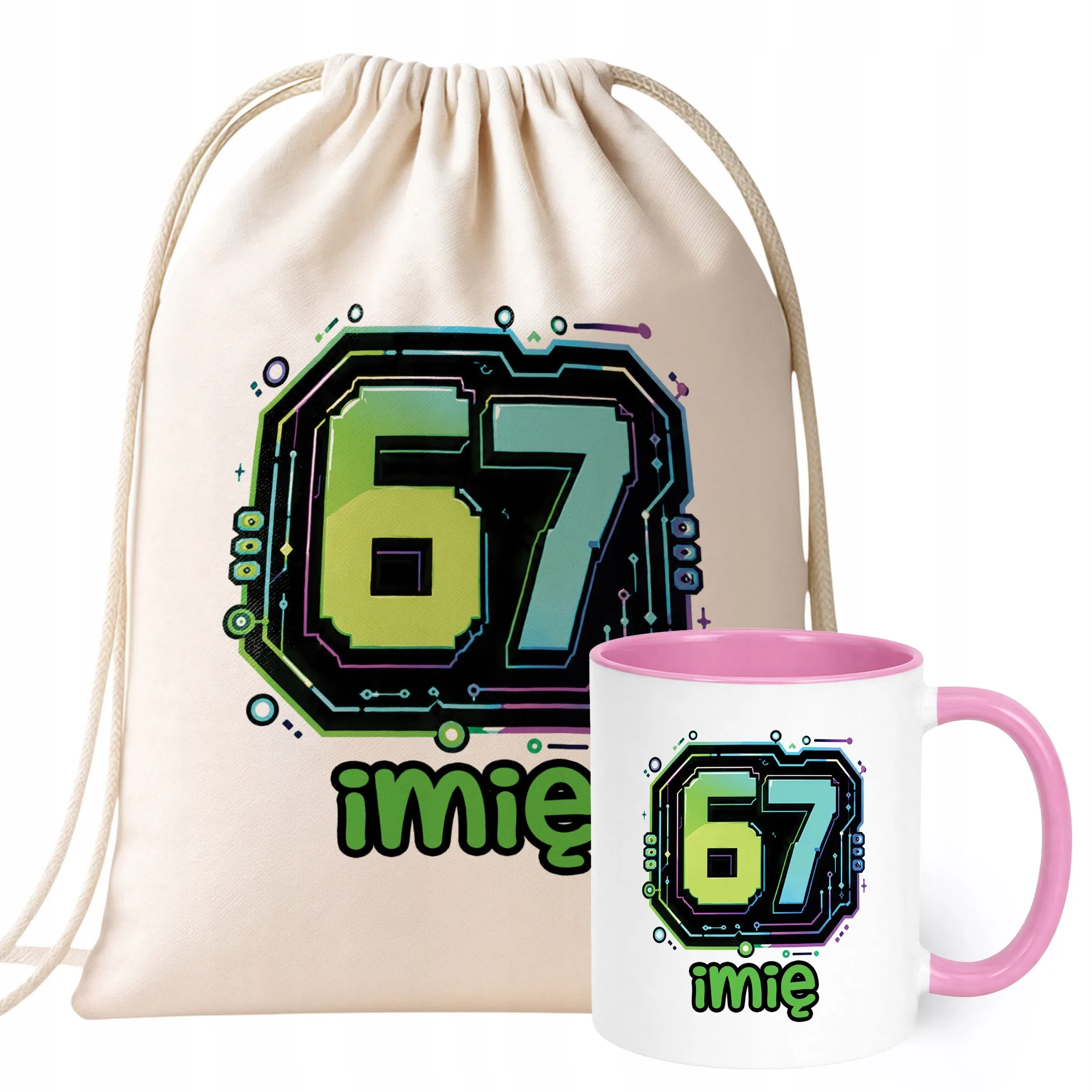 Zestaw Personalizowany Plecak Worek Kubek Różowy 67 Six Seven Prezent