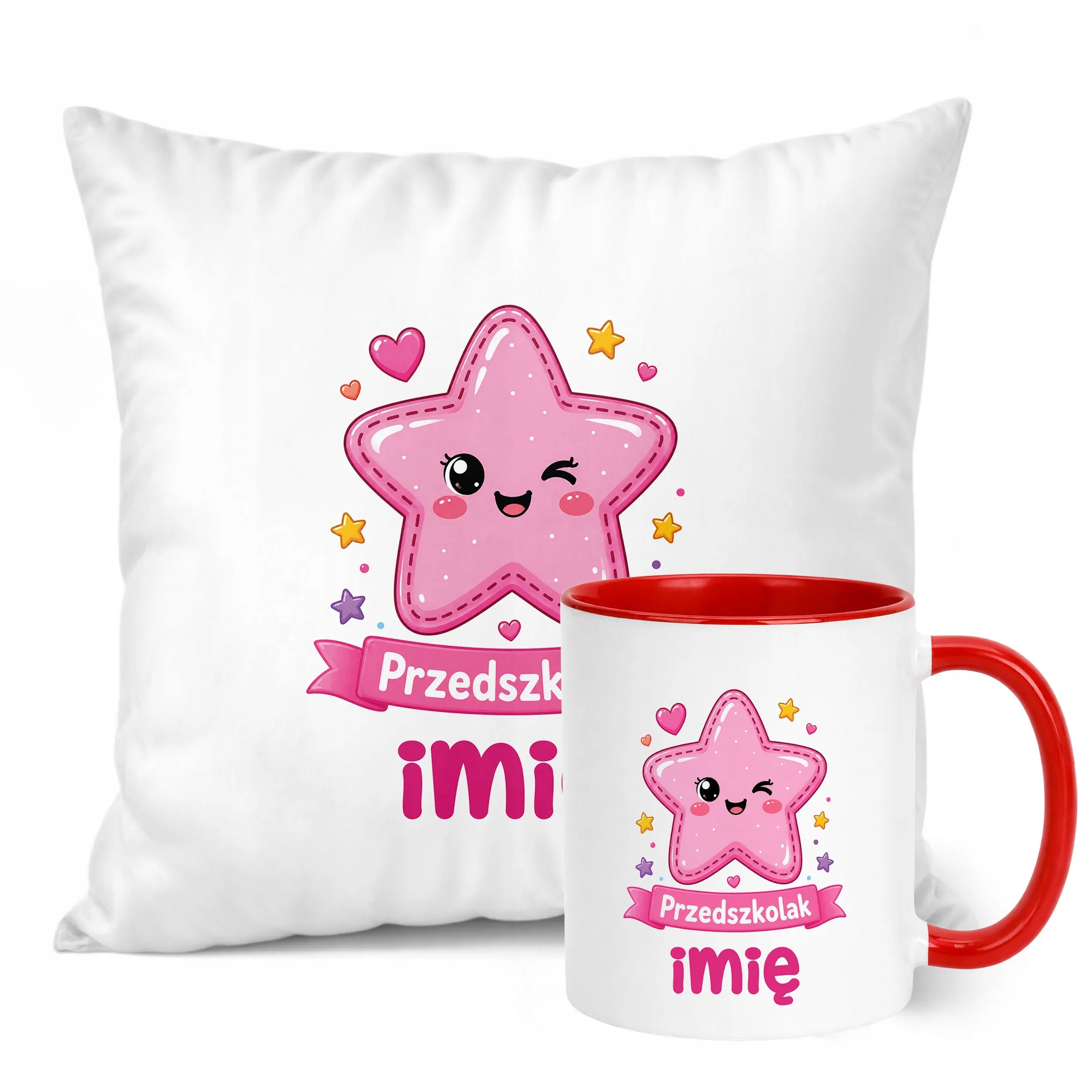 Zestaw Personalizowany Kubek Czerwony Poduszka Przedszkolak Gwiazdka