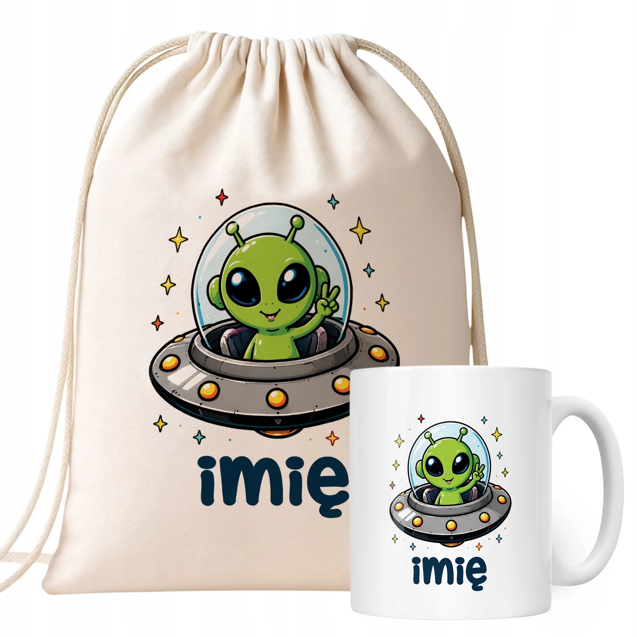 Zestaw Personalizowany Plecak Worek Kubek Kosmita UFO Prezent