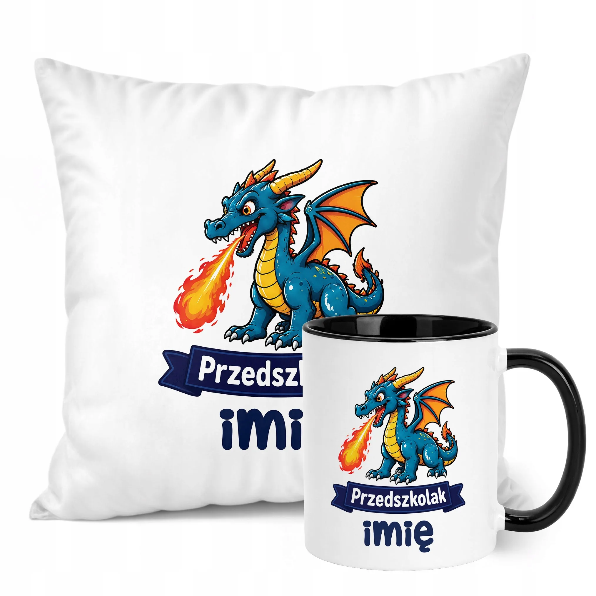 Zestaw Personalizowany Kubek Czarny Poduszka Przedszkolak Smok