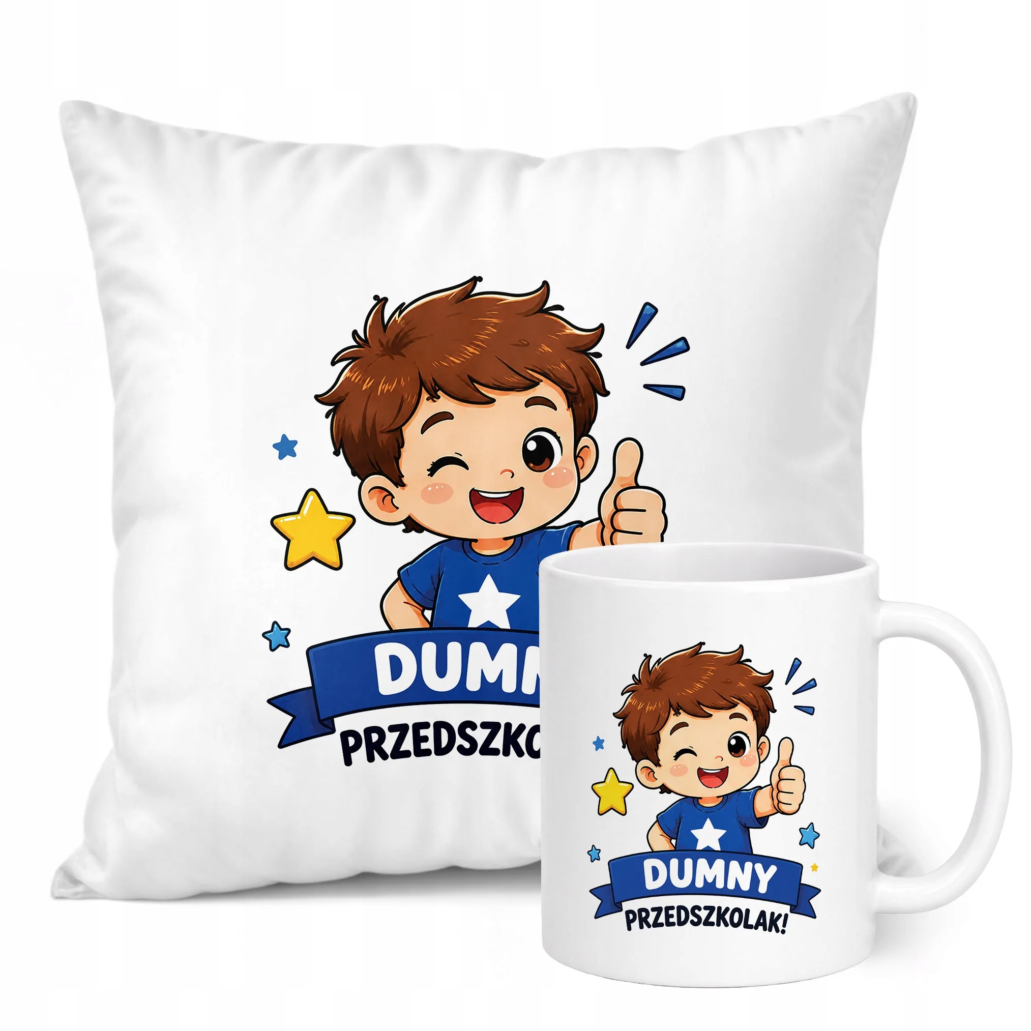 Zestaw Kubek Biały Poduszka Z Nadrukiem Przedszkolak Szkoła Prezent