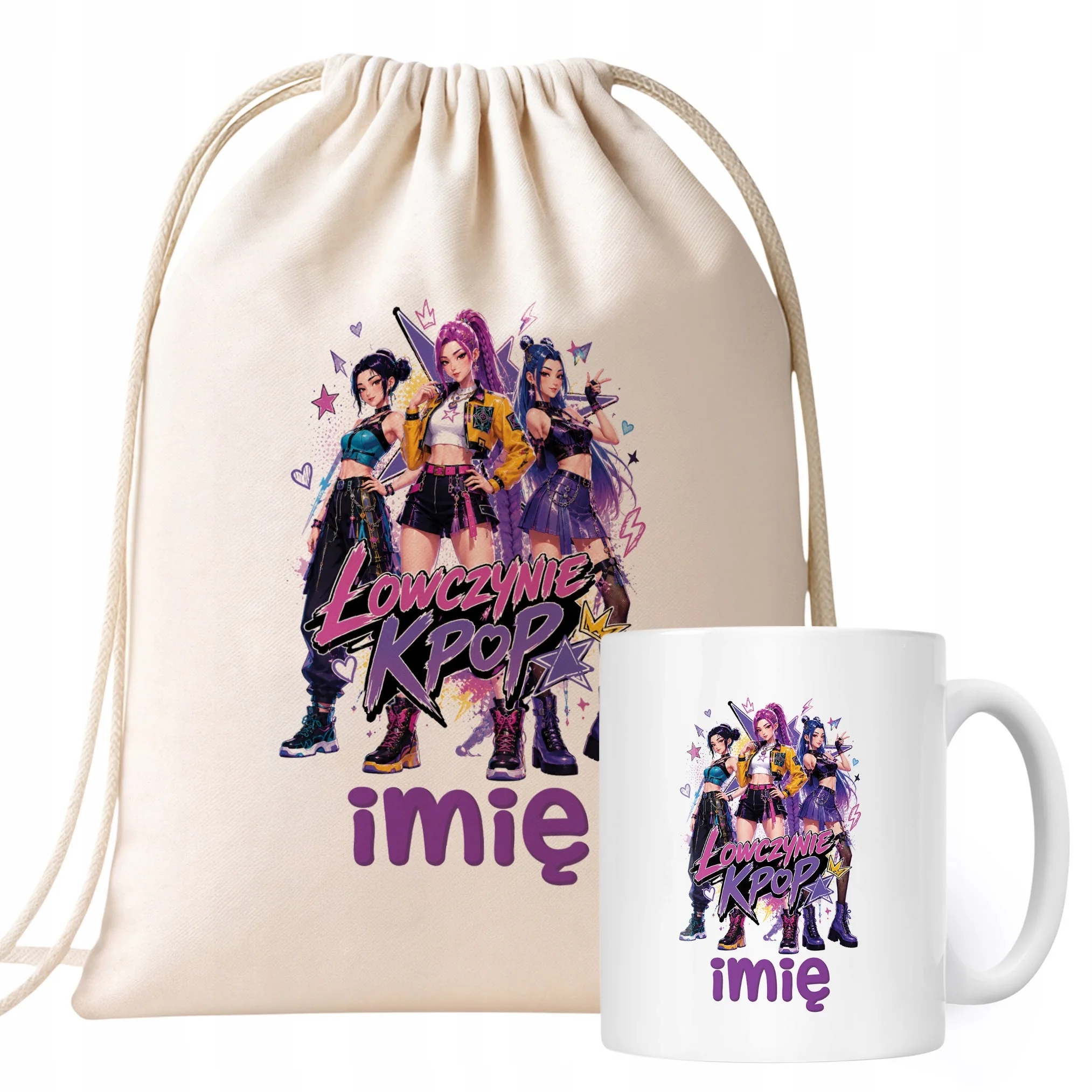 Zestaw Personalizowany Plecak Worek Kubek Łowczynie Kpop Prezent