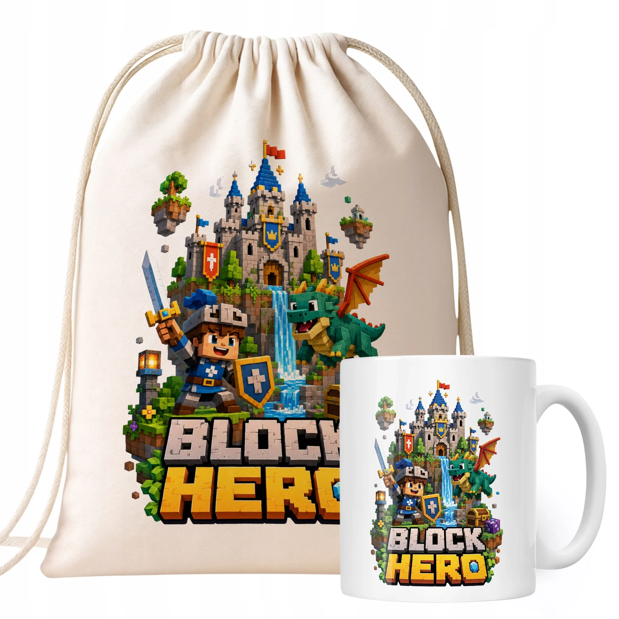 Zestaw Plecak Worek Kubek Z Nadrukiem BLOCK HERO Gra Dla Dzieci Prezent