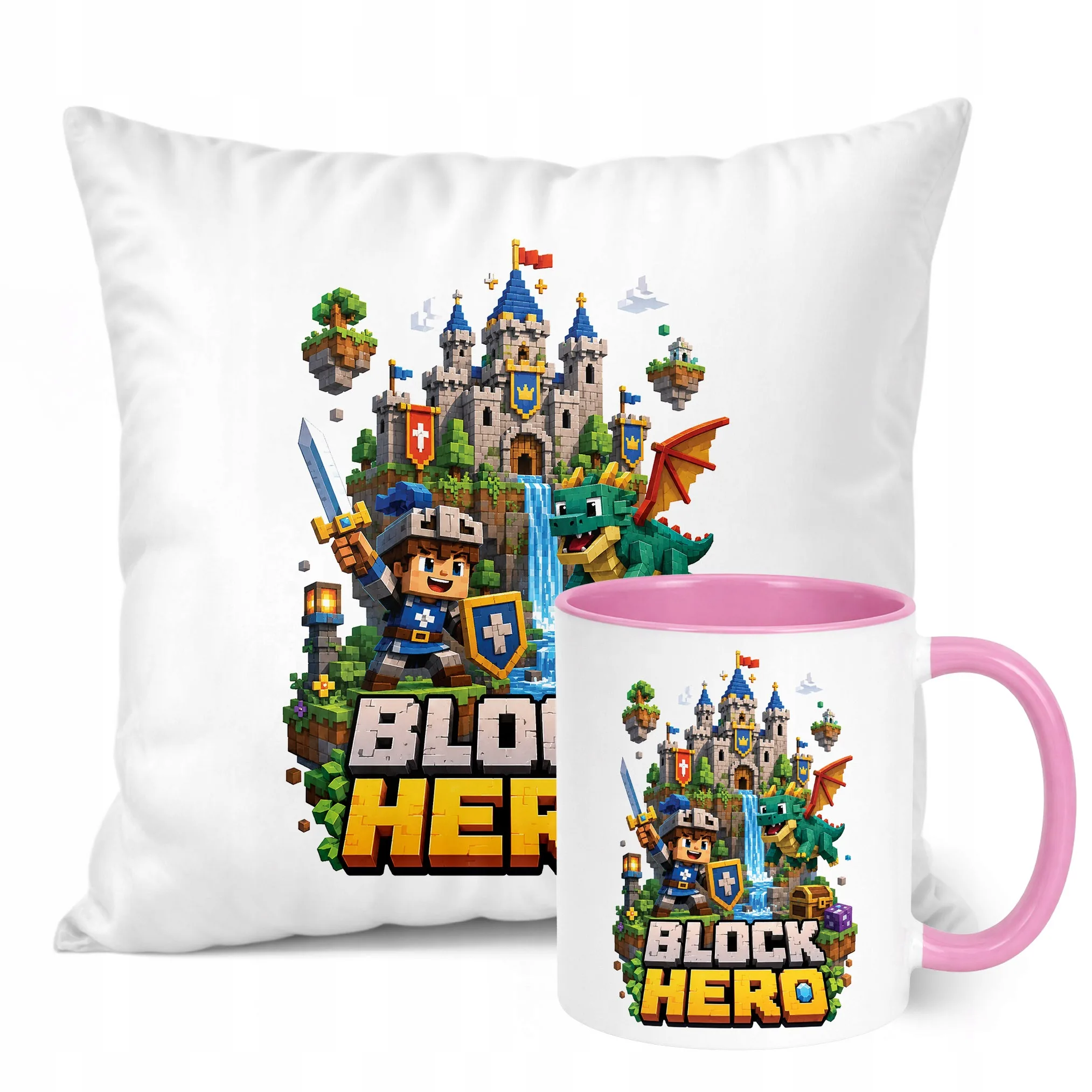 Zestaw Kubek Różowy Poduszka Z Nadrukiem BLOCK HERO Gra Prezent
