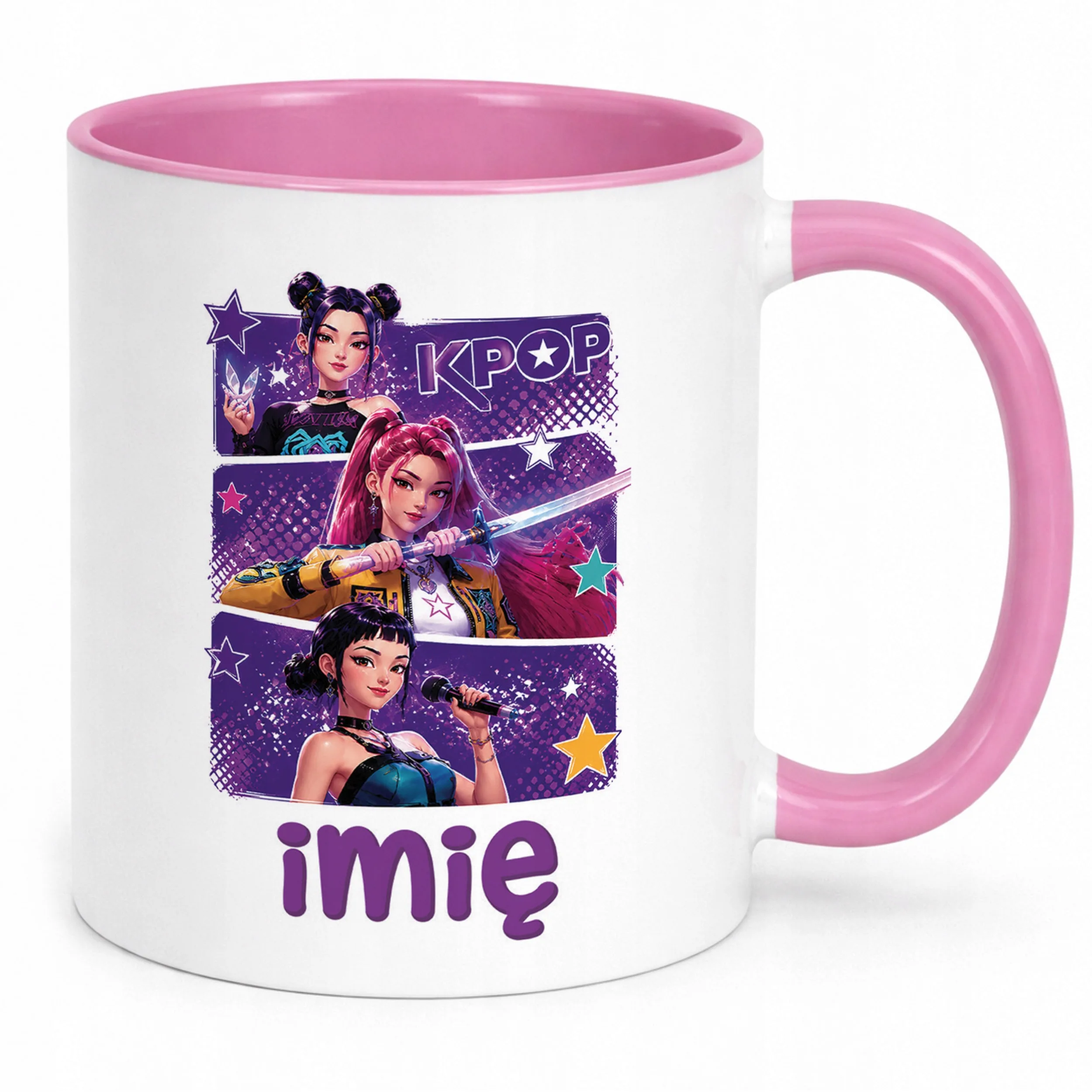Kubek Różowy z nadrukiem personalizowany ŁOWCZYNIE KPOP Dla Dzieci Prezent