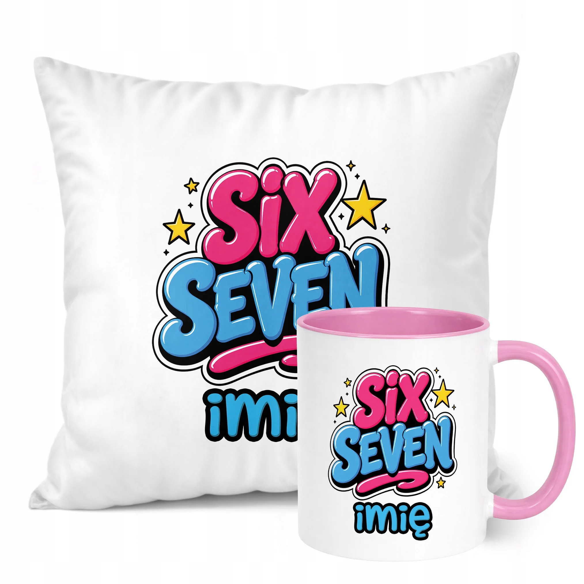 Zestaw Personalizowany Kubek Różowy Poduszka 67 Six Seven Prezent