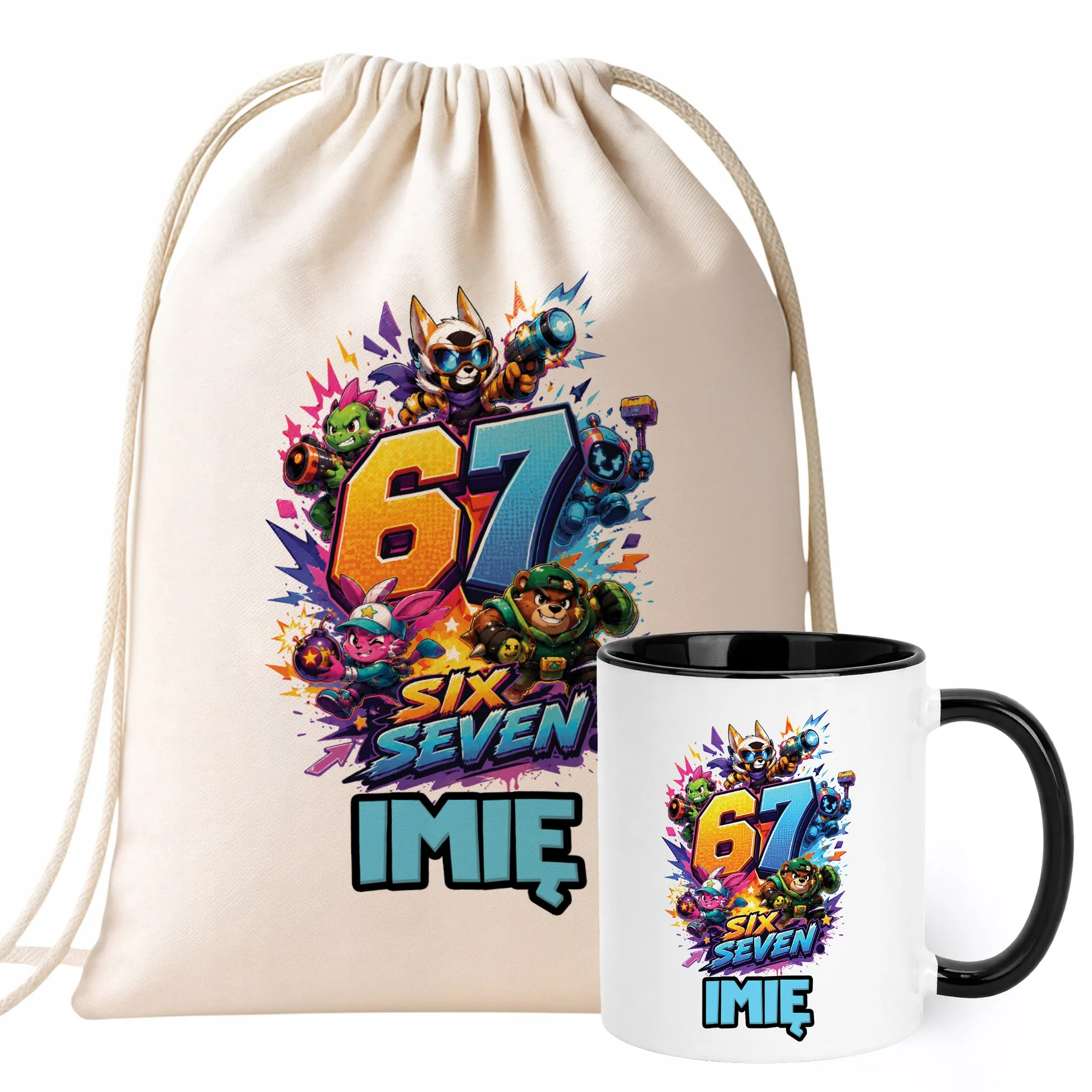 Zestaw Personalizowany Plecak Worek Kubek Czarny 67 Six Seven Prezent