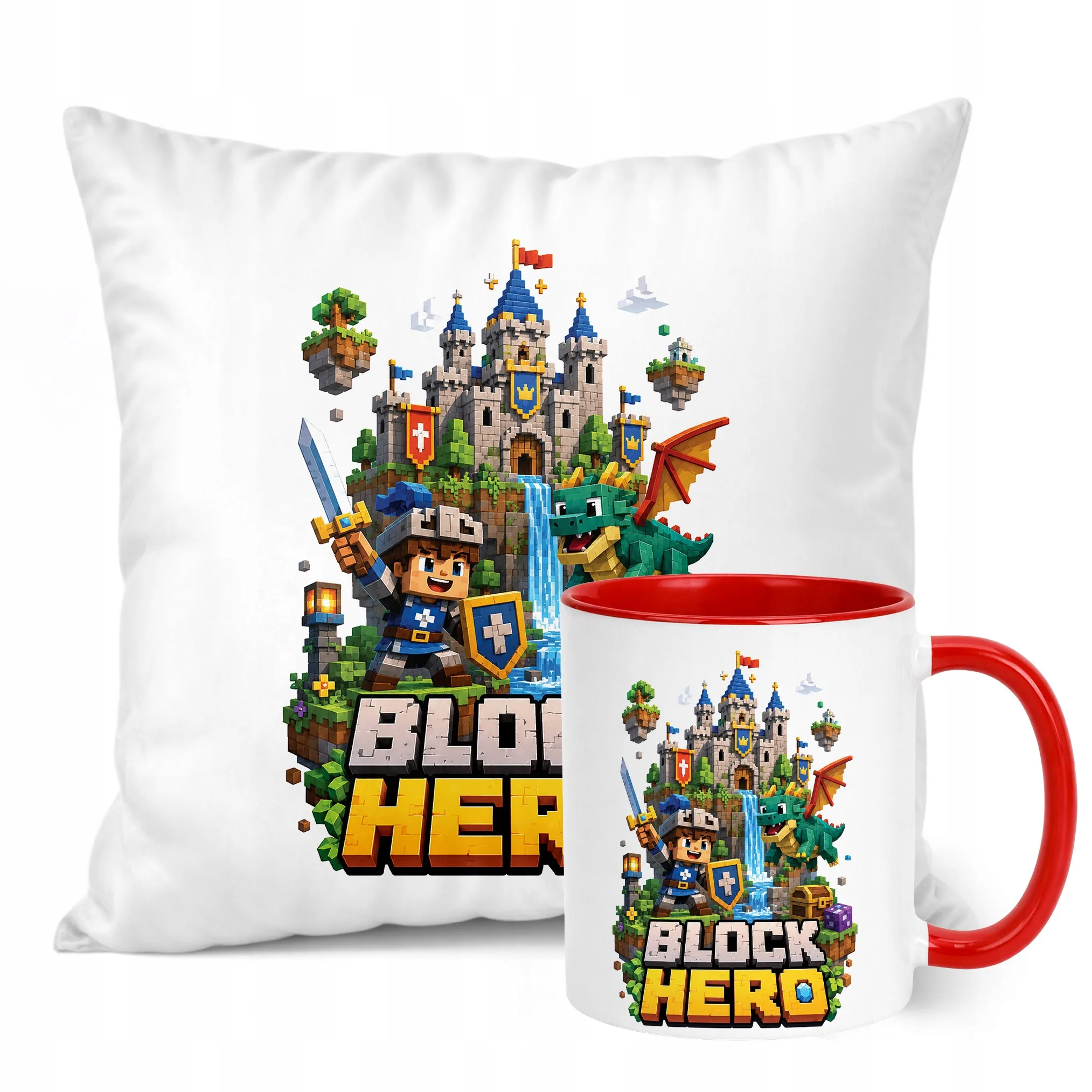 Zestaw Kubek Czerwony Poduszka Z Nadrukiem BLOCK HERO Gra Prezent