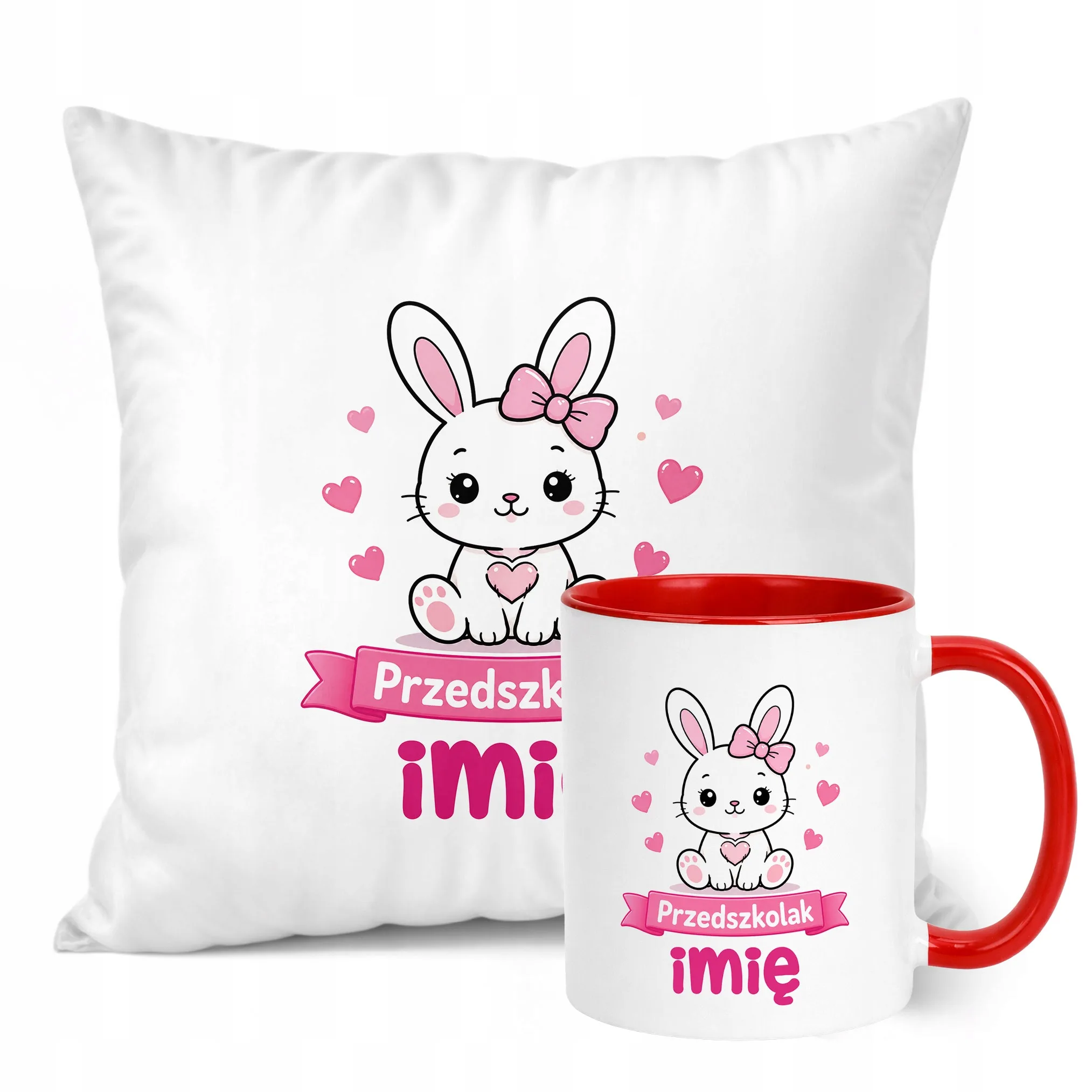 Zestaw Personalizowany Kubek Czerwony Poduszka Przedszkolak Króliczek