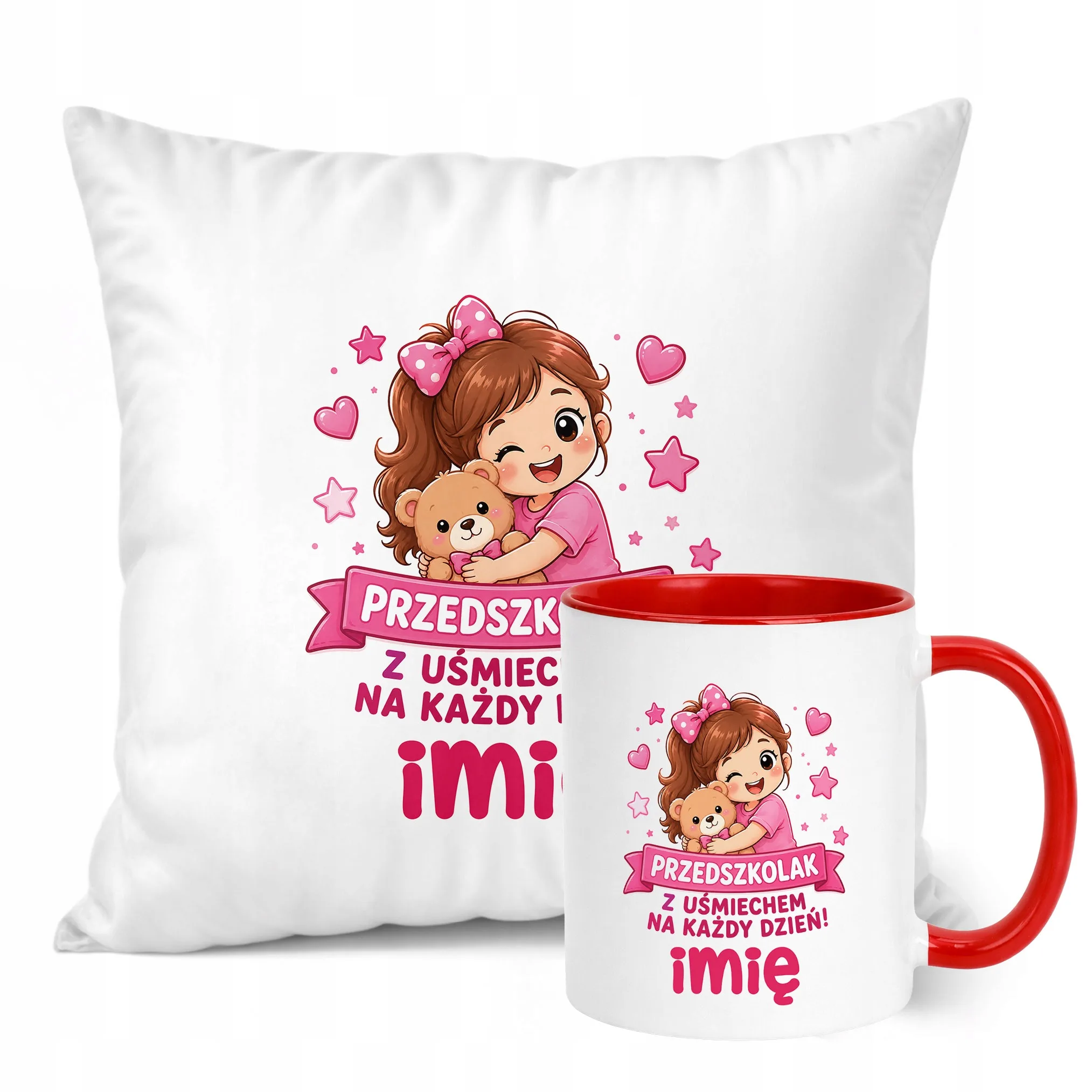 Zestaw Personalizowany Kubek Czerwony Poduszka Przedszkolak Prezent