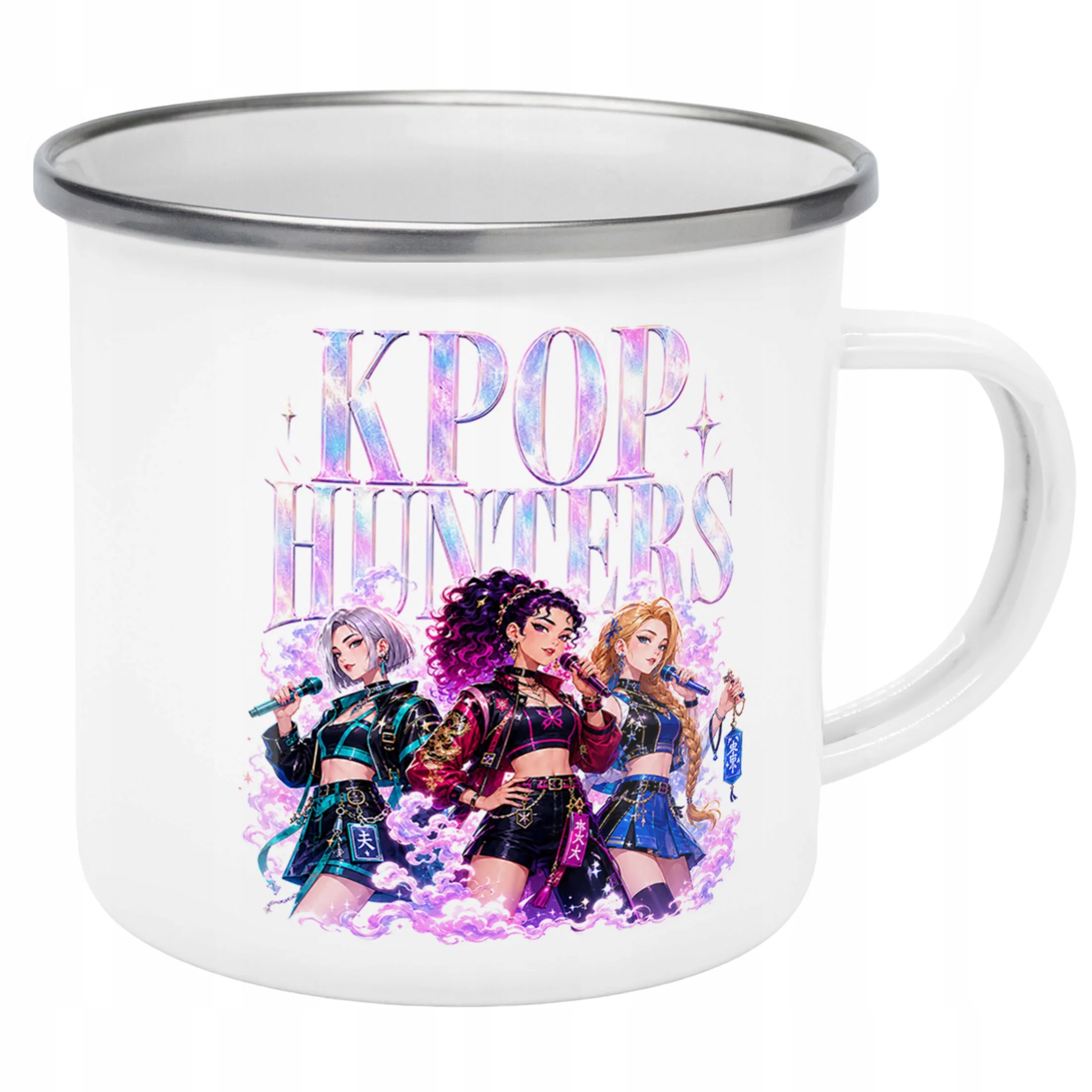 Kubek Emaliowany ŁOWCZYNIE KPOP z Nadrukiem Biały Metalowy Prezent