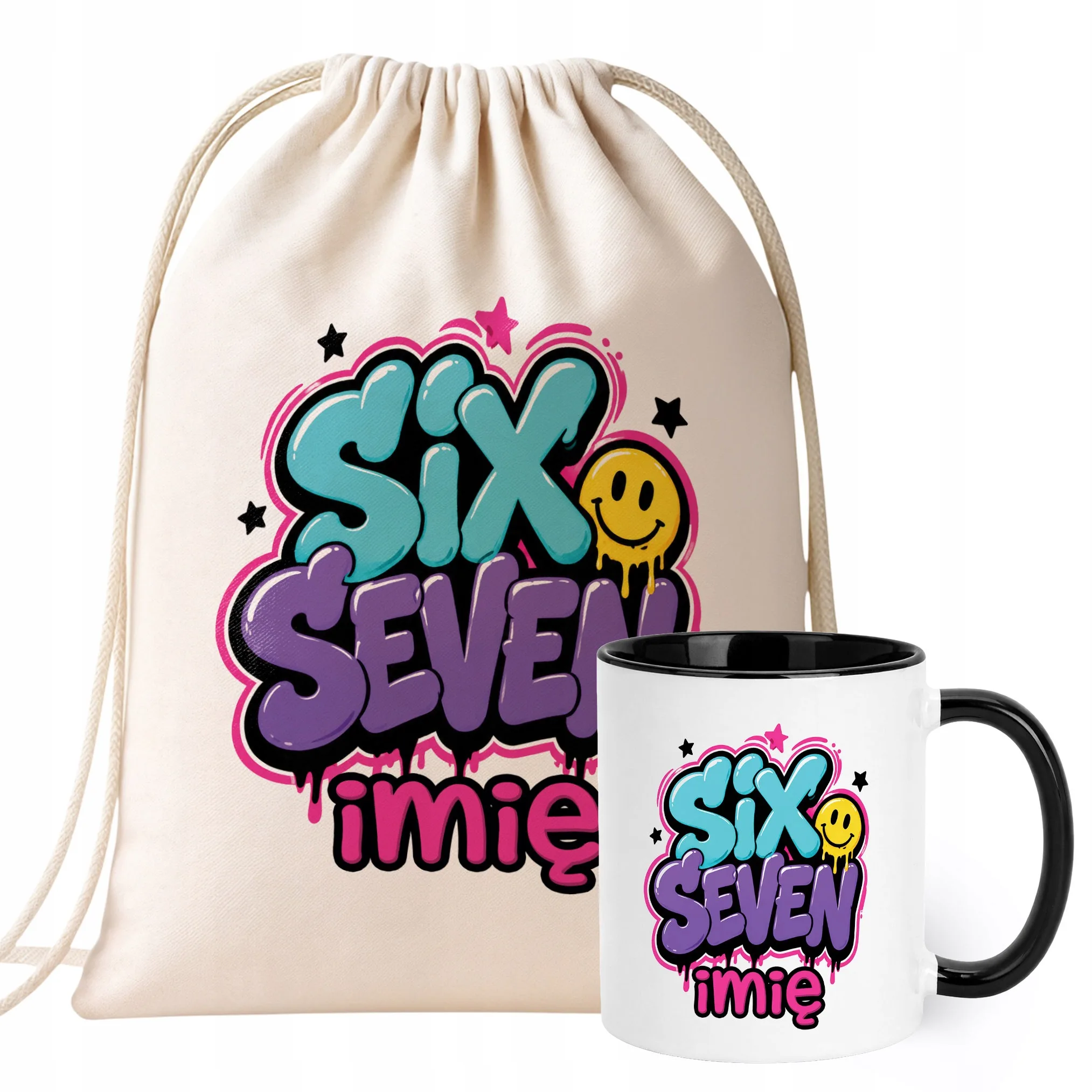 Zestaw Personalizowany Plecak Worek Kubek Czarny 67 Six Seven Prezent