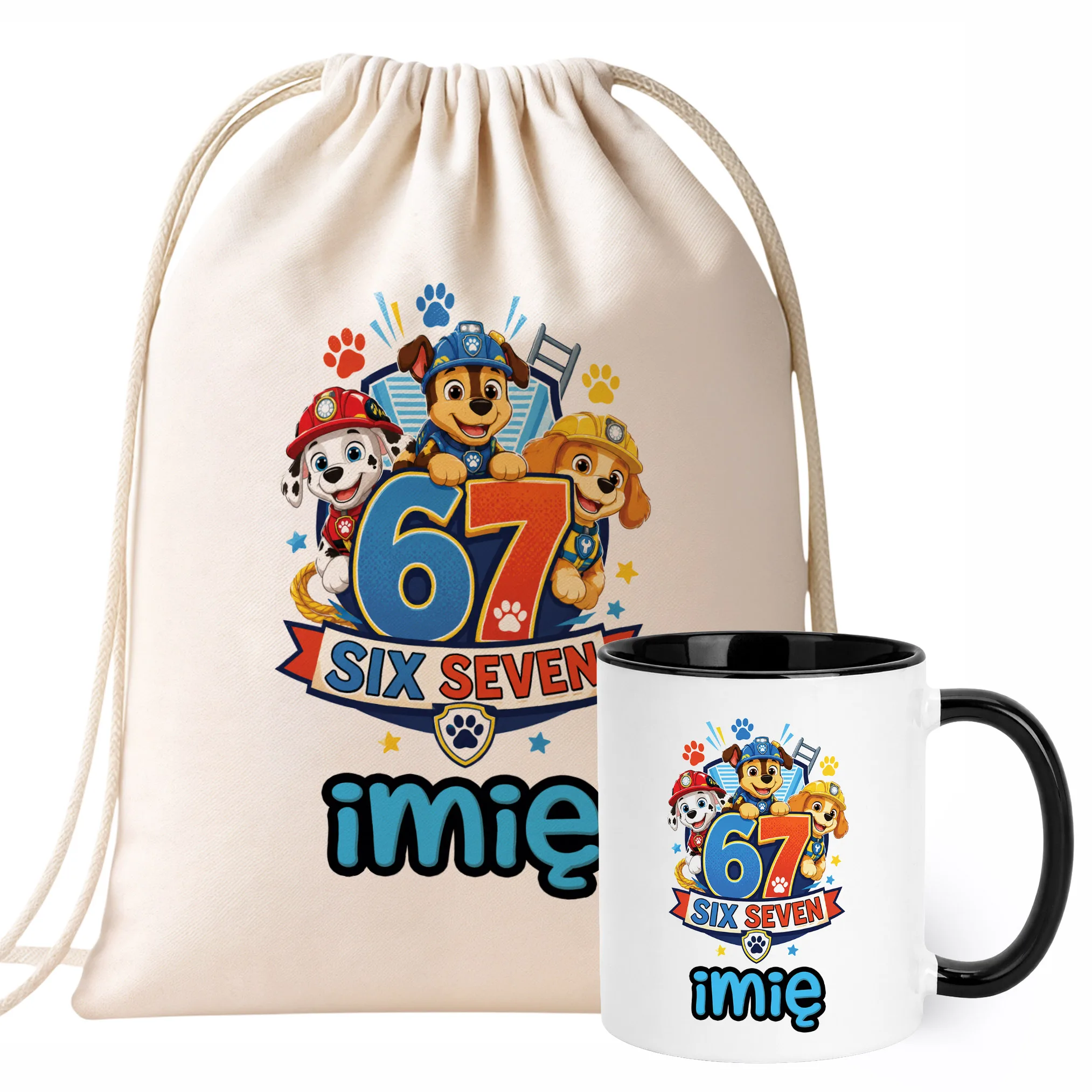 Zestaw Personalizowany Plecak Worek Kubek Czarny Pies 67 Six Seven Prezent