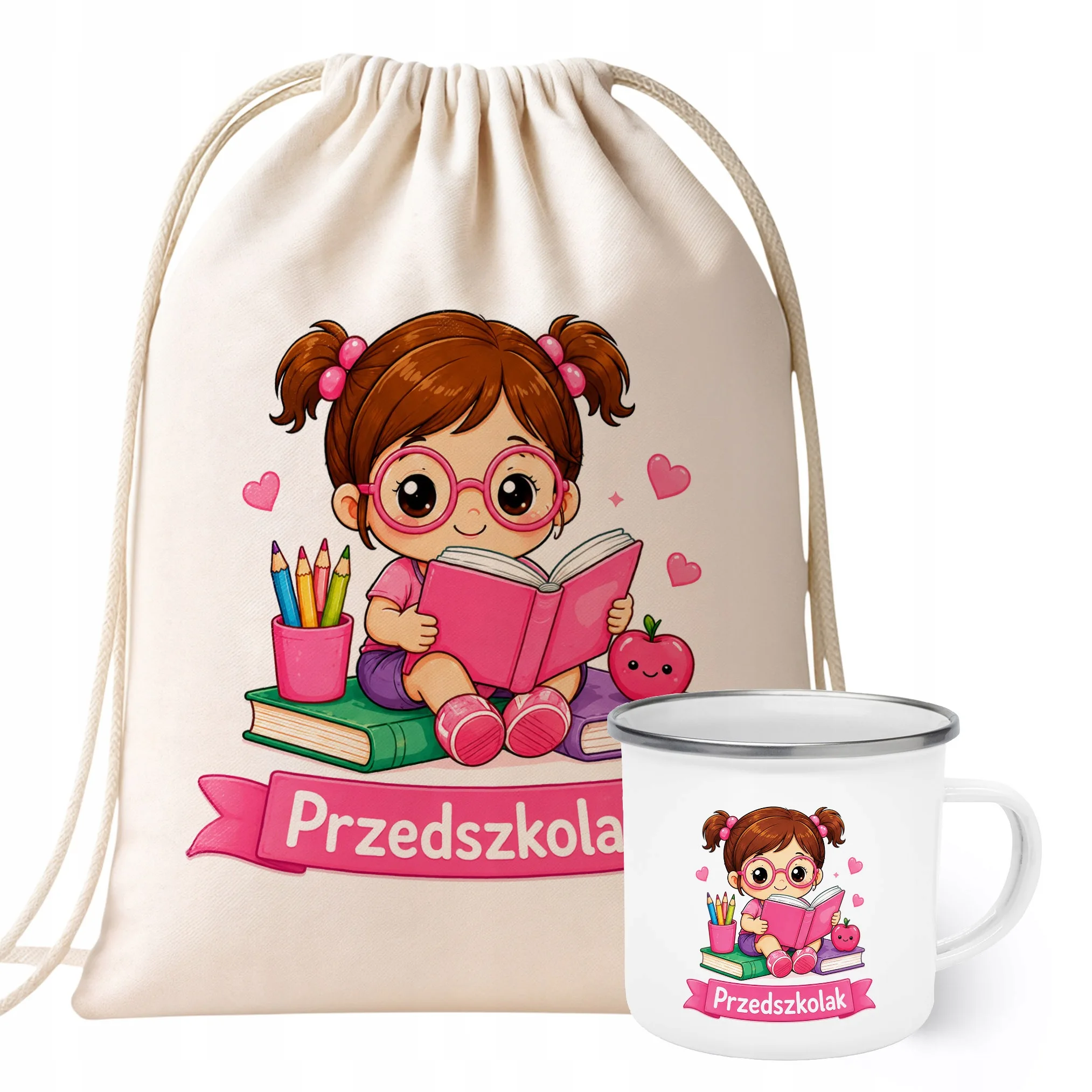 Zestaw Plecak Worek Kubek Emaliowany Z Nadrukiem Przedszkolak Szkoła